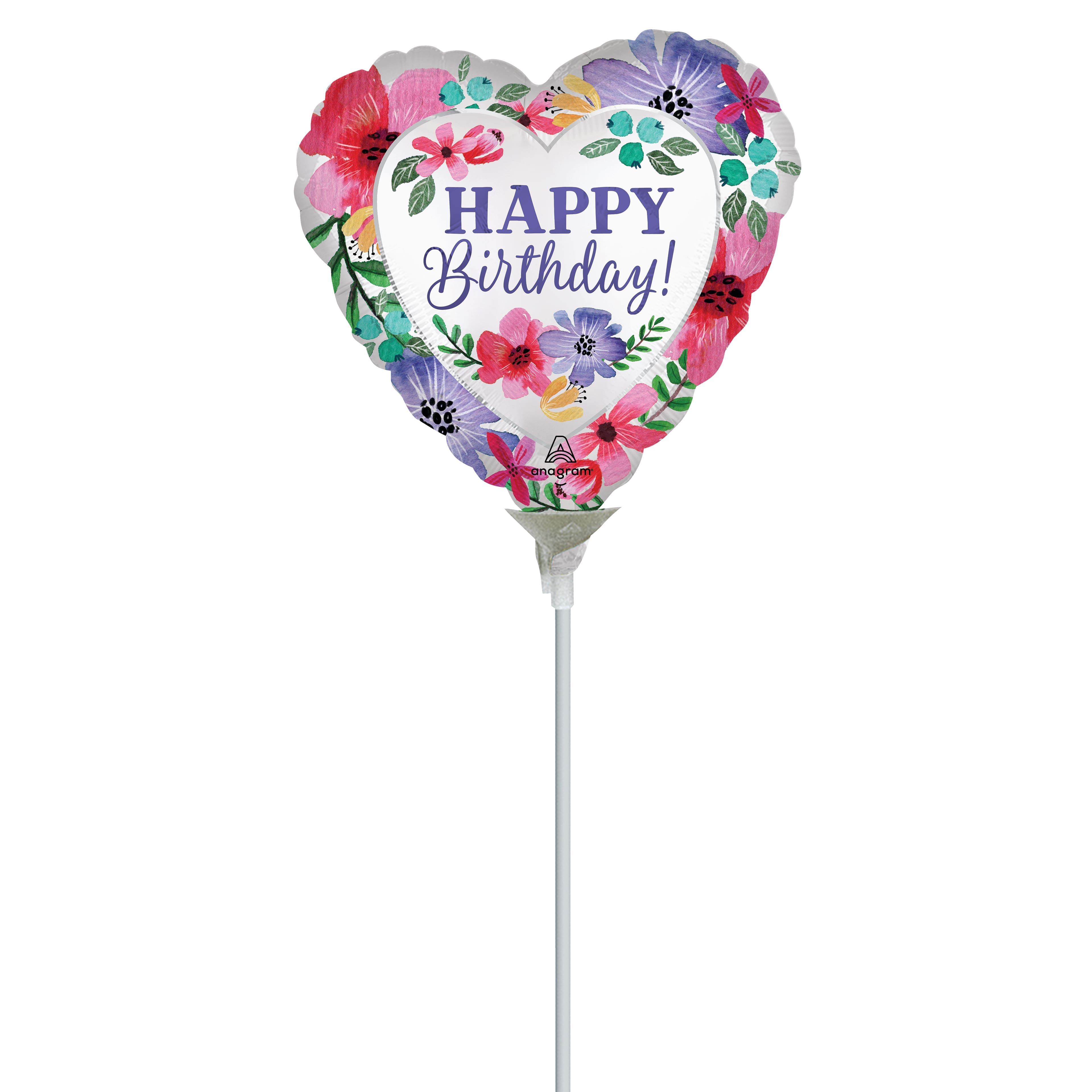 9" Satin Happy Birthday Florals Foil Stick Balloon
