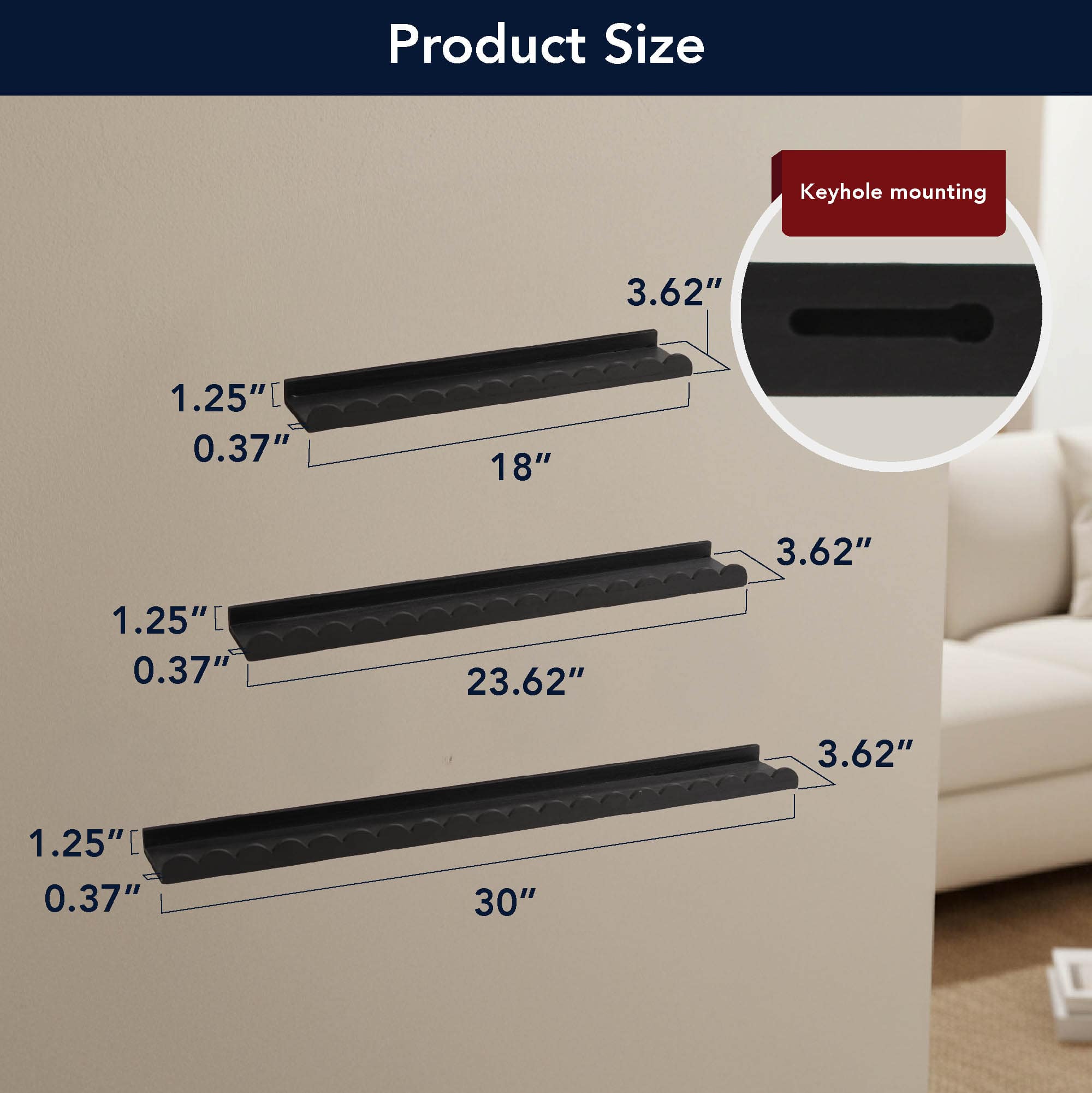 American Art Decor Matte Black Scallop Wood Floating Wall Shelf Set