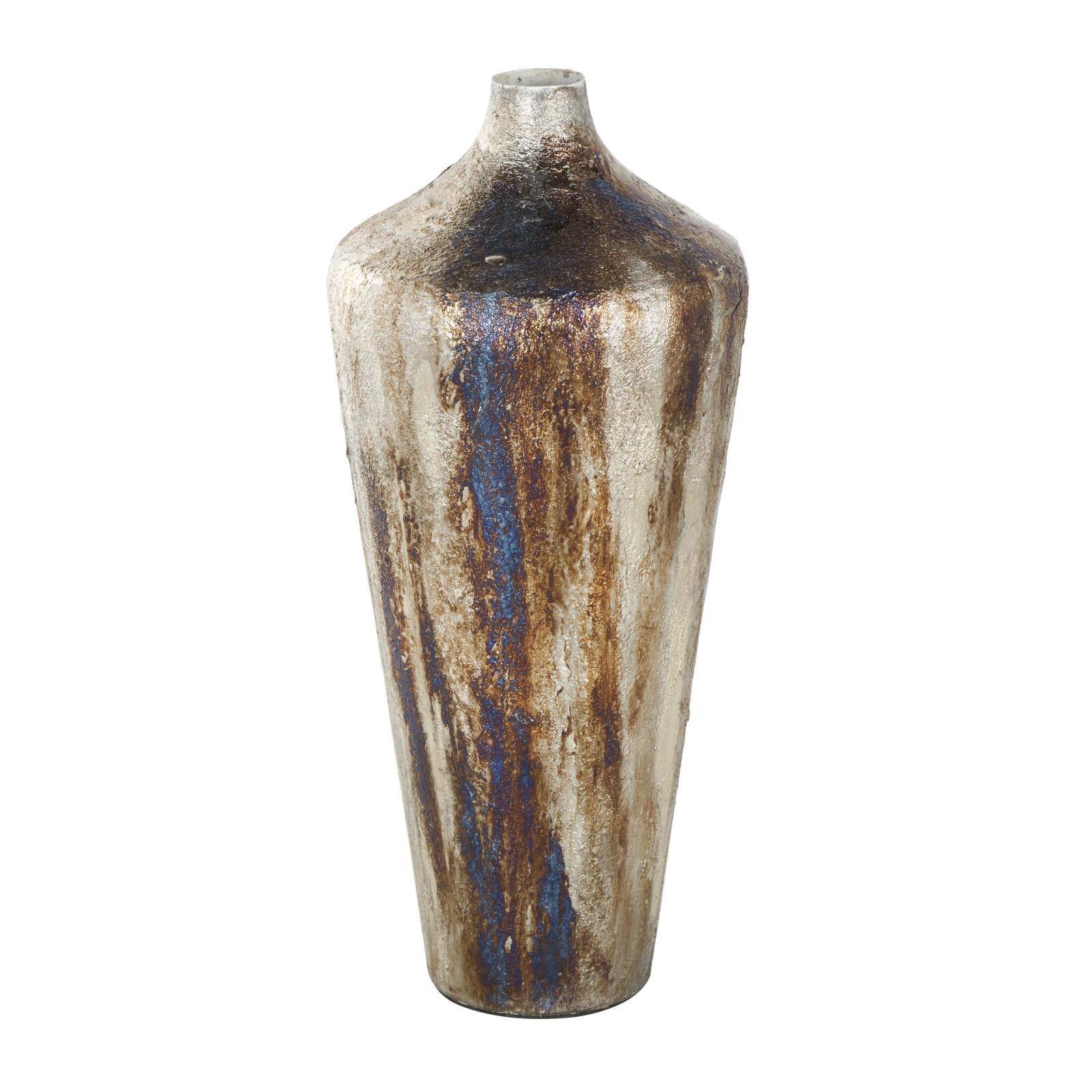 Bronze & Cream Foiled Metal Vase with Blue Accents