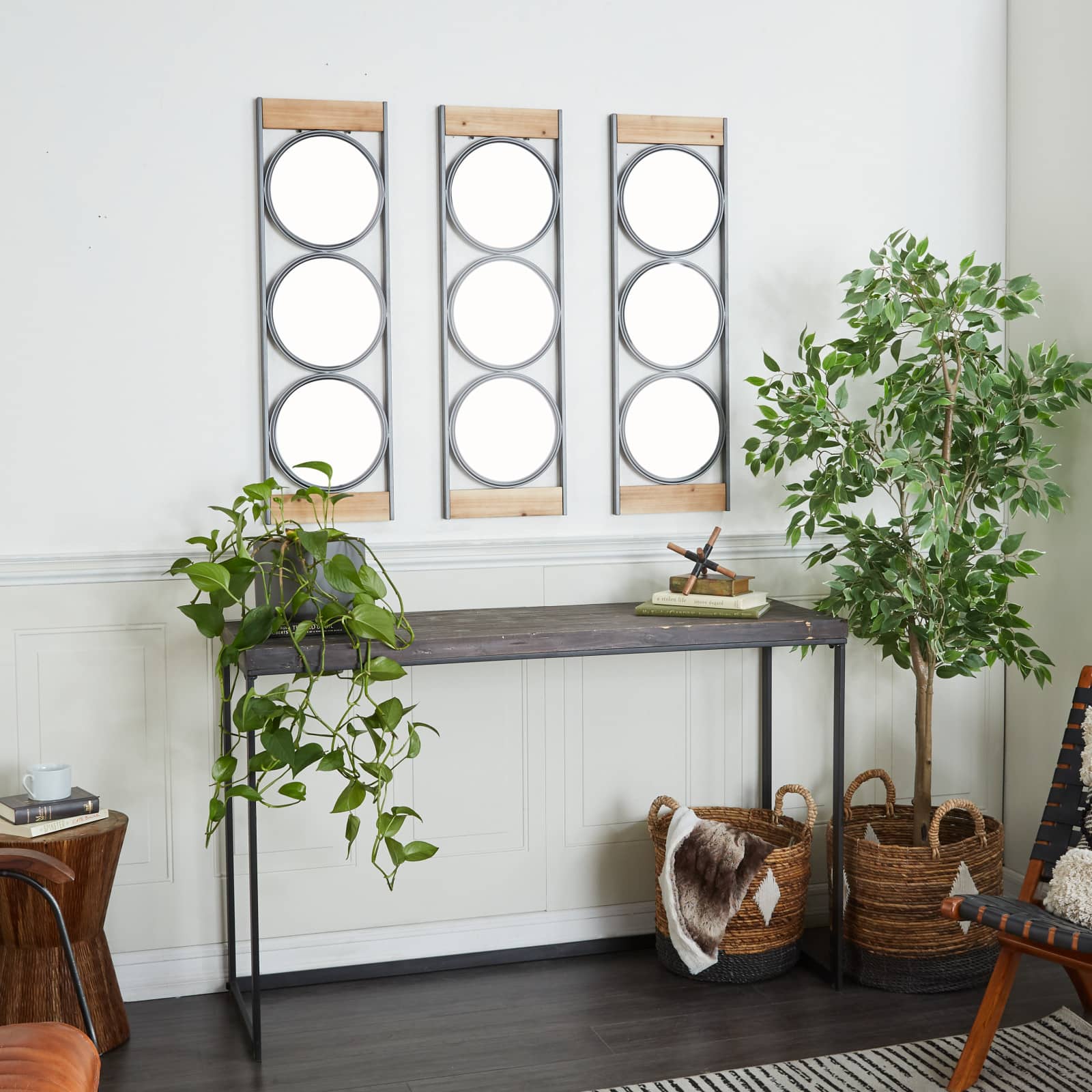 Set of 3 Black Iron Industrial Wall Mirror, 37" x 11"