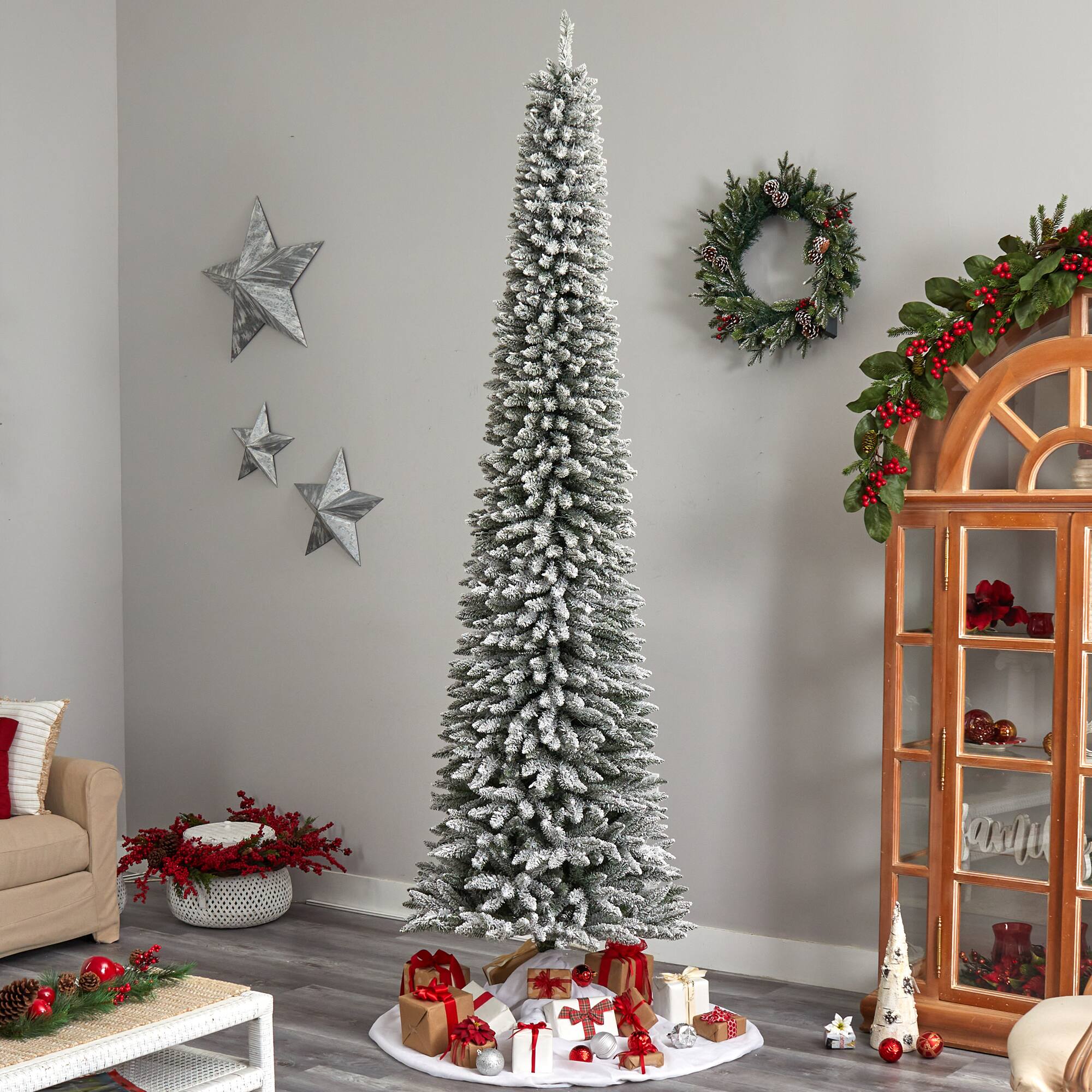 10ft. Pre-Lit Flocked Pencil Artificial Christmas Tree, Clear Lights