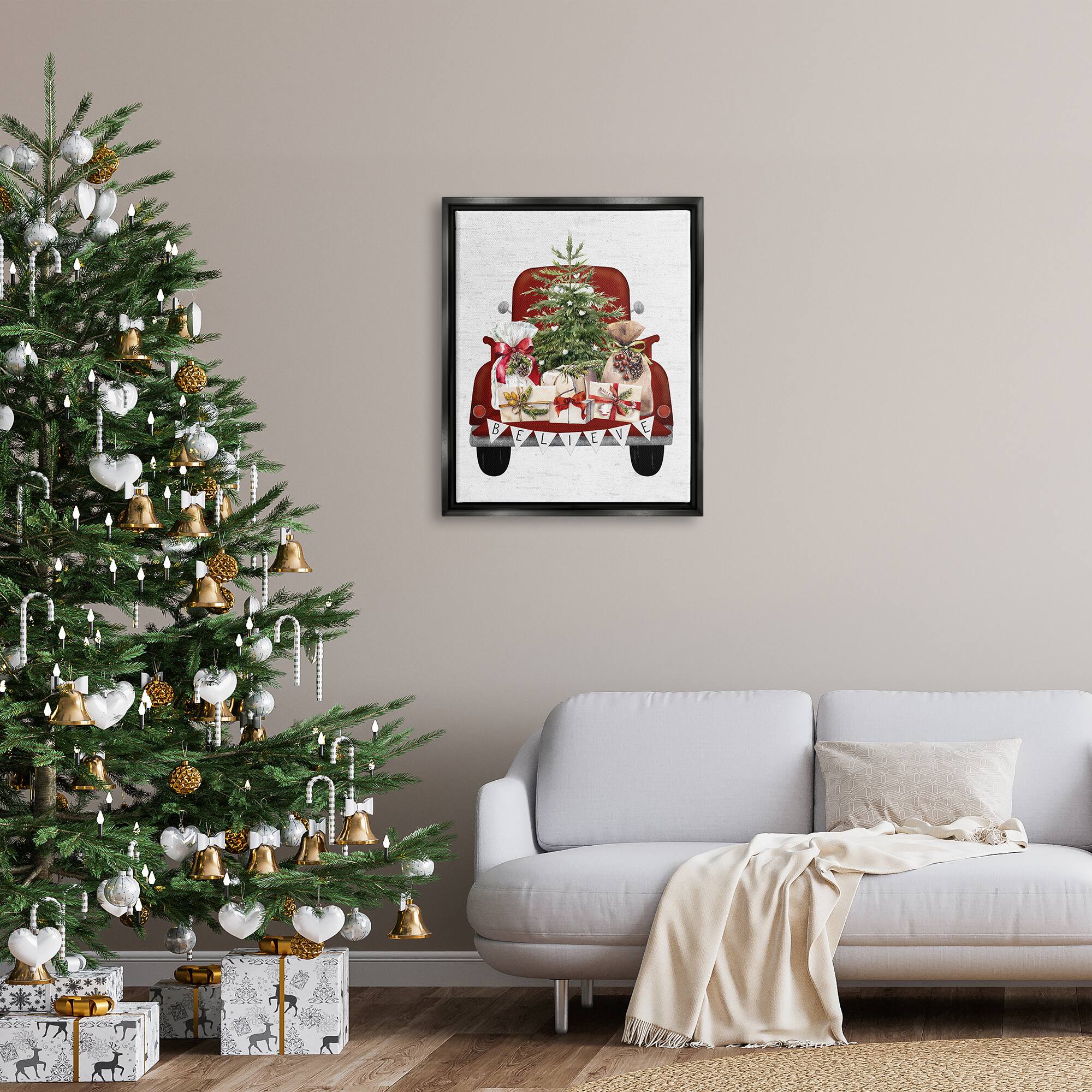Stupell Industries Believe Seasonal Christmas Truck Framed Floater Canvas Wall Art