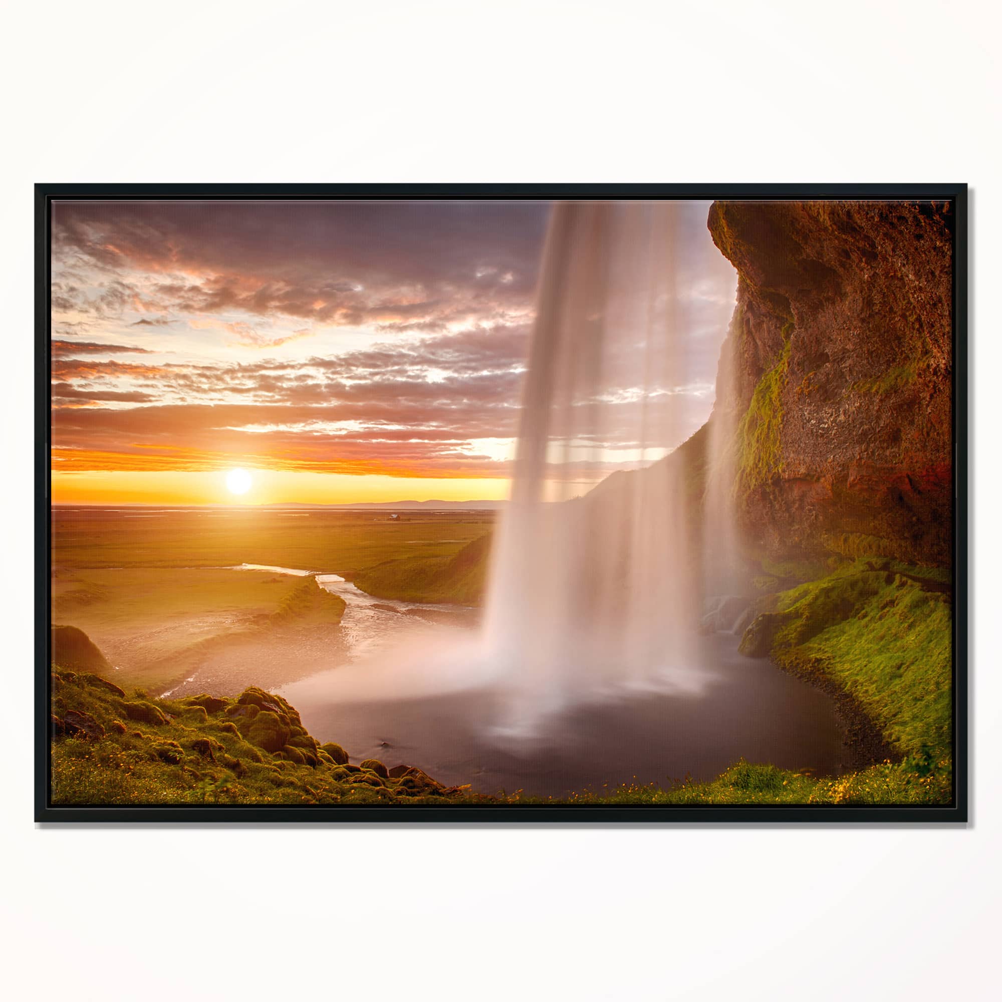 Designart - Seljalandsfoss Waterfall at Sunset - Landscape Photography Framed Canvas Print