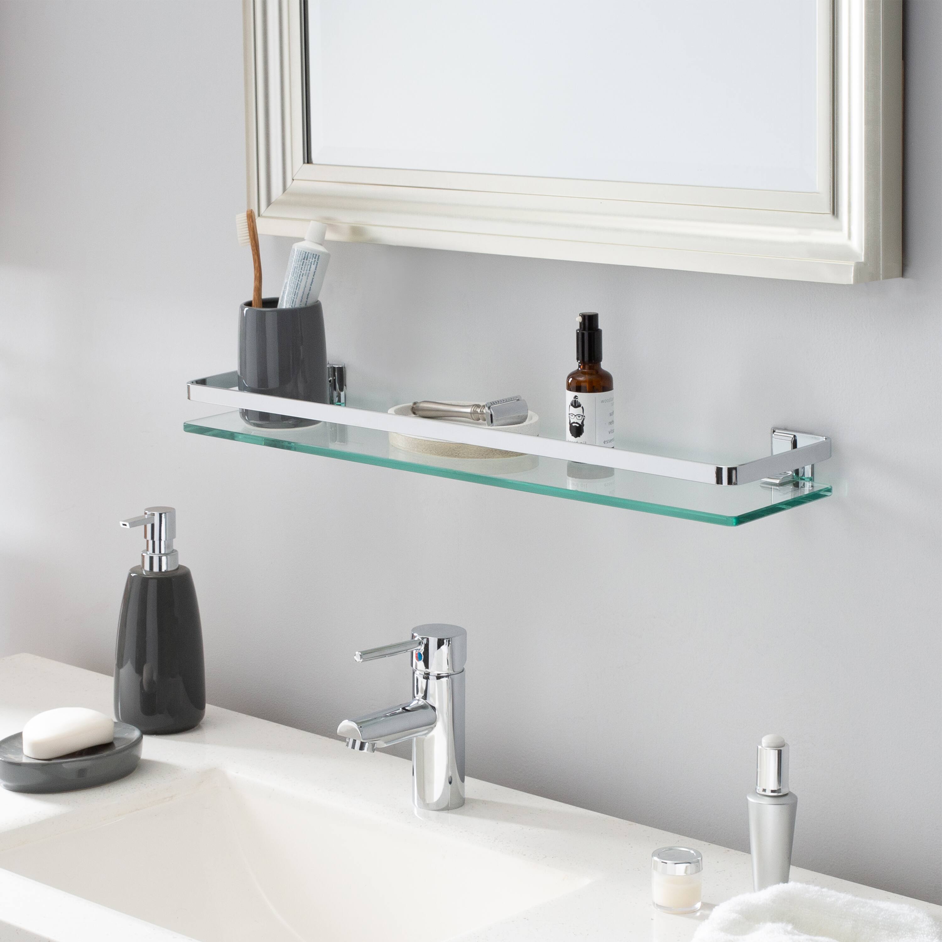 Organize It All Wall Mounted Glass Shelf With Chrome Rail