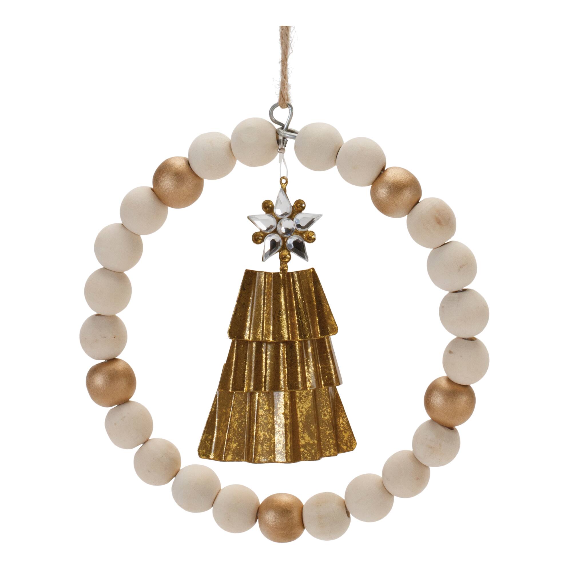 5.5" Beaded Wood Tree & Deer Ornaments Set