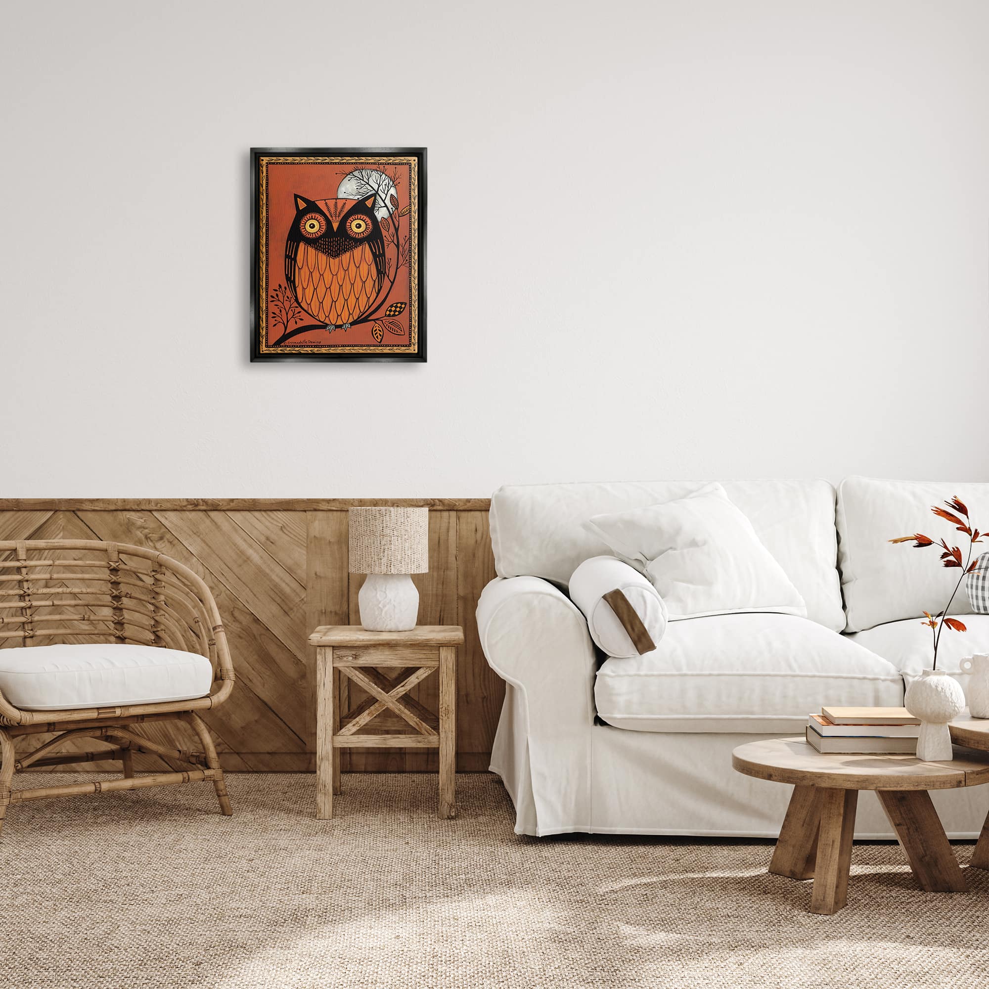 Stupell Industries Round Owl Autumn Botanical Border Framed Floater Canvas Wall Art