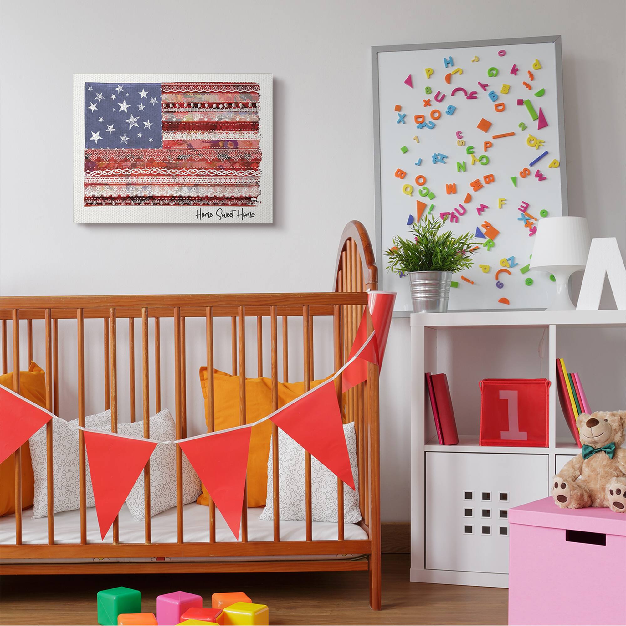 Stupell Industries Home Sweet Home Phrase Lace Pattern American Flag Canvas Wall Art