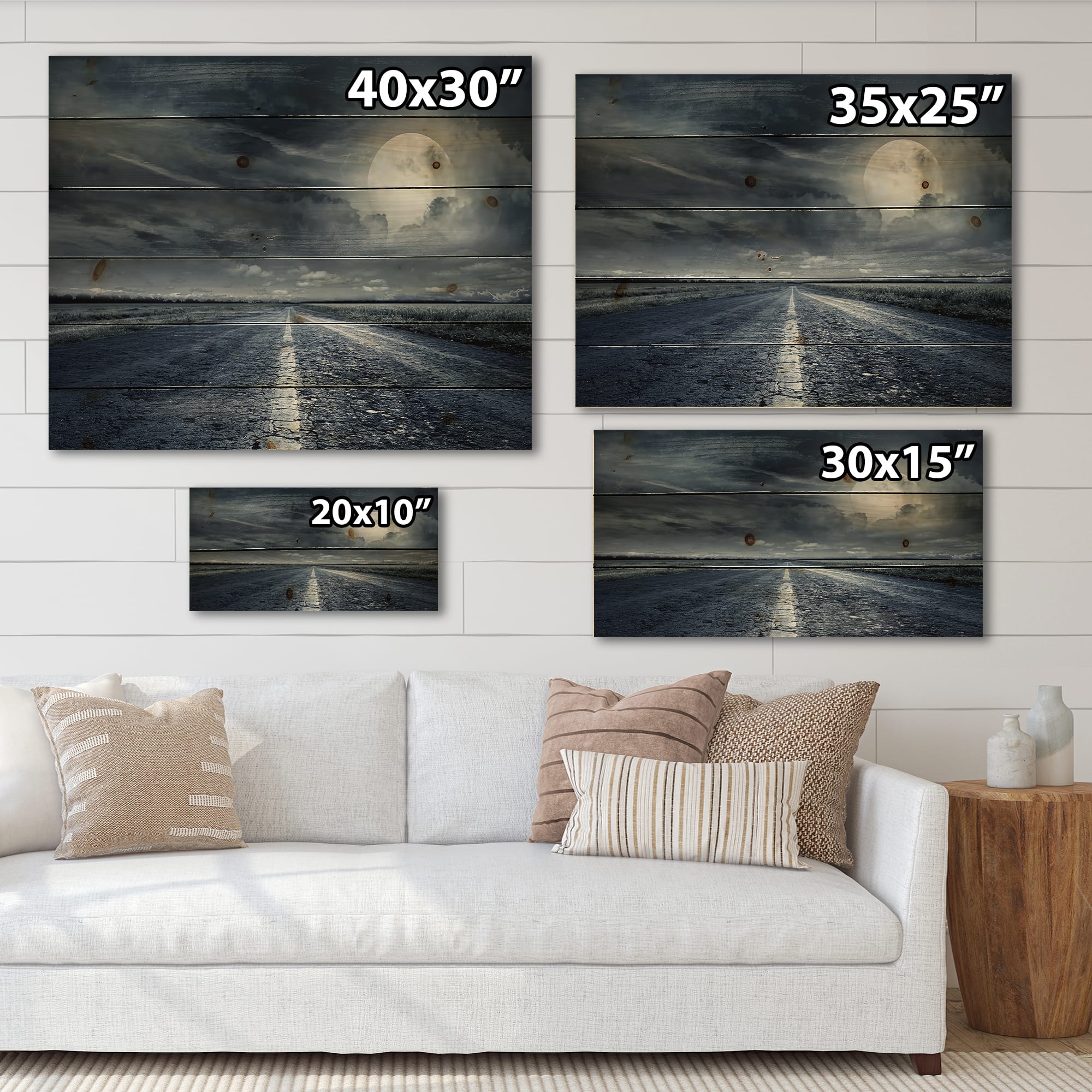 Designart - Asphalt Road Under Cloudy Full Moon II - Nautical & Coastal Print on Natural Pine Wood