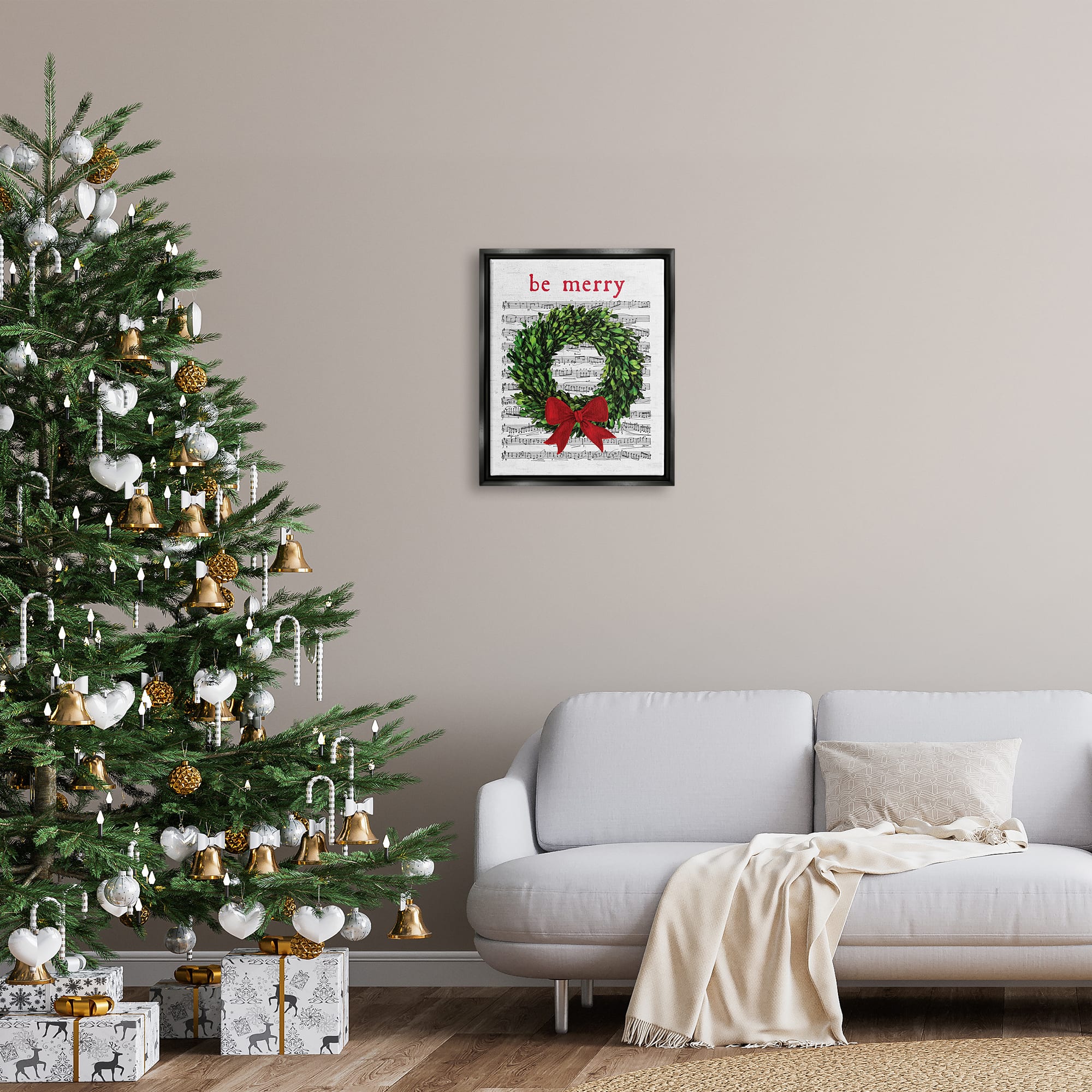 Stupell Industries Be Merry Holiday Music Wreath Framed Floater Canvas Wall Art