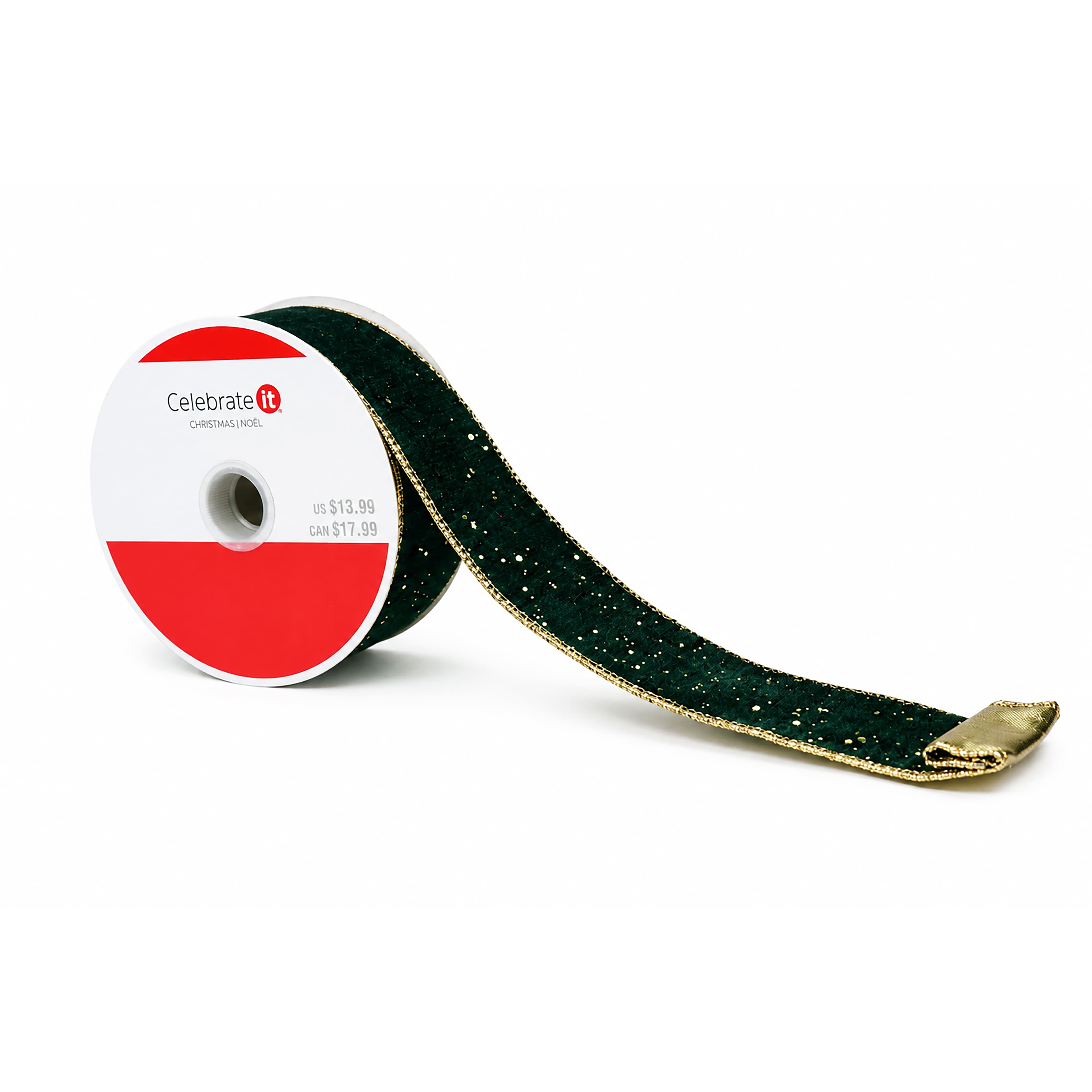1.5" x 5yd. Green & Gold Wired Glitter Velvet & Metallic Ribbon by Celebrate It®