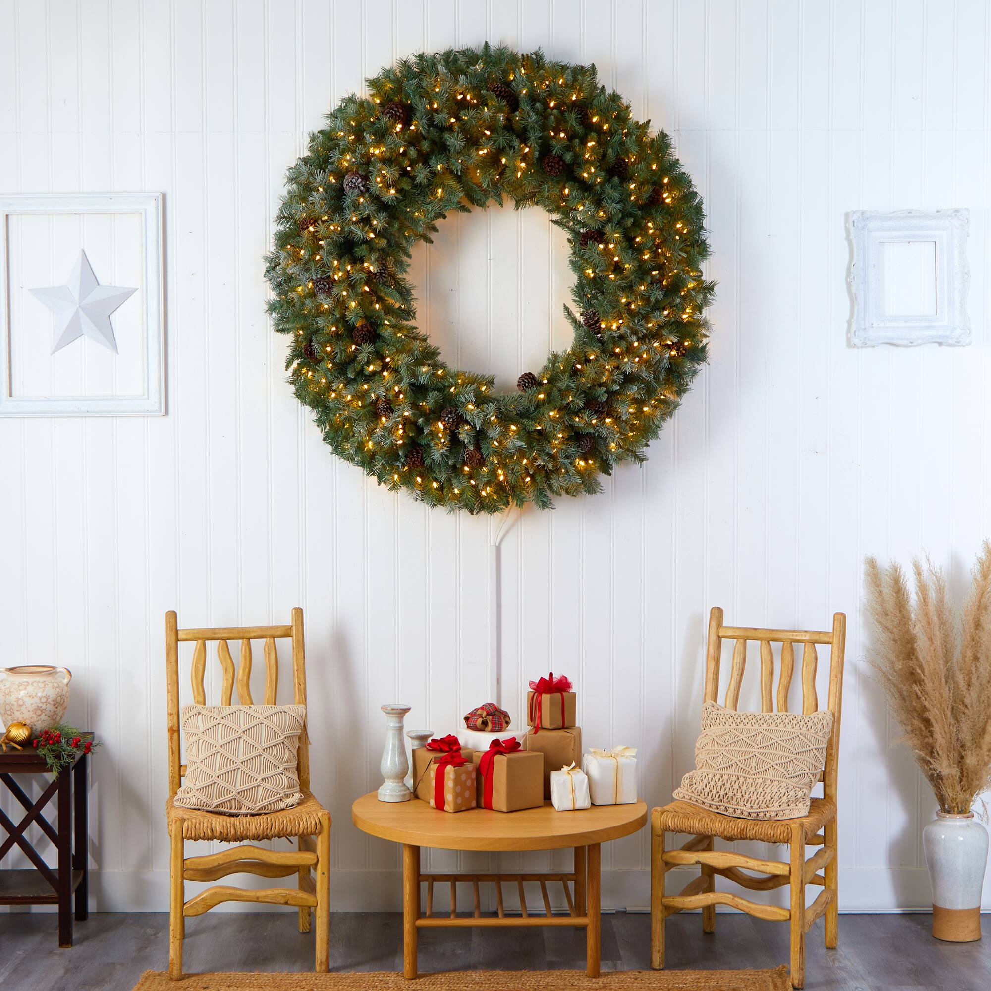 5ft. Clear LED Lights Flocked Artificial Christmas Wreath With Pinecones