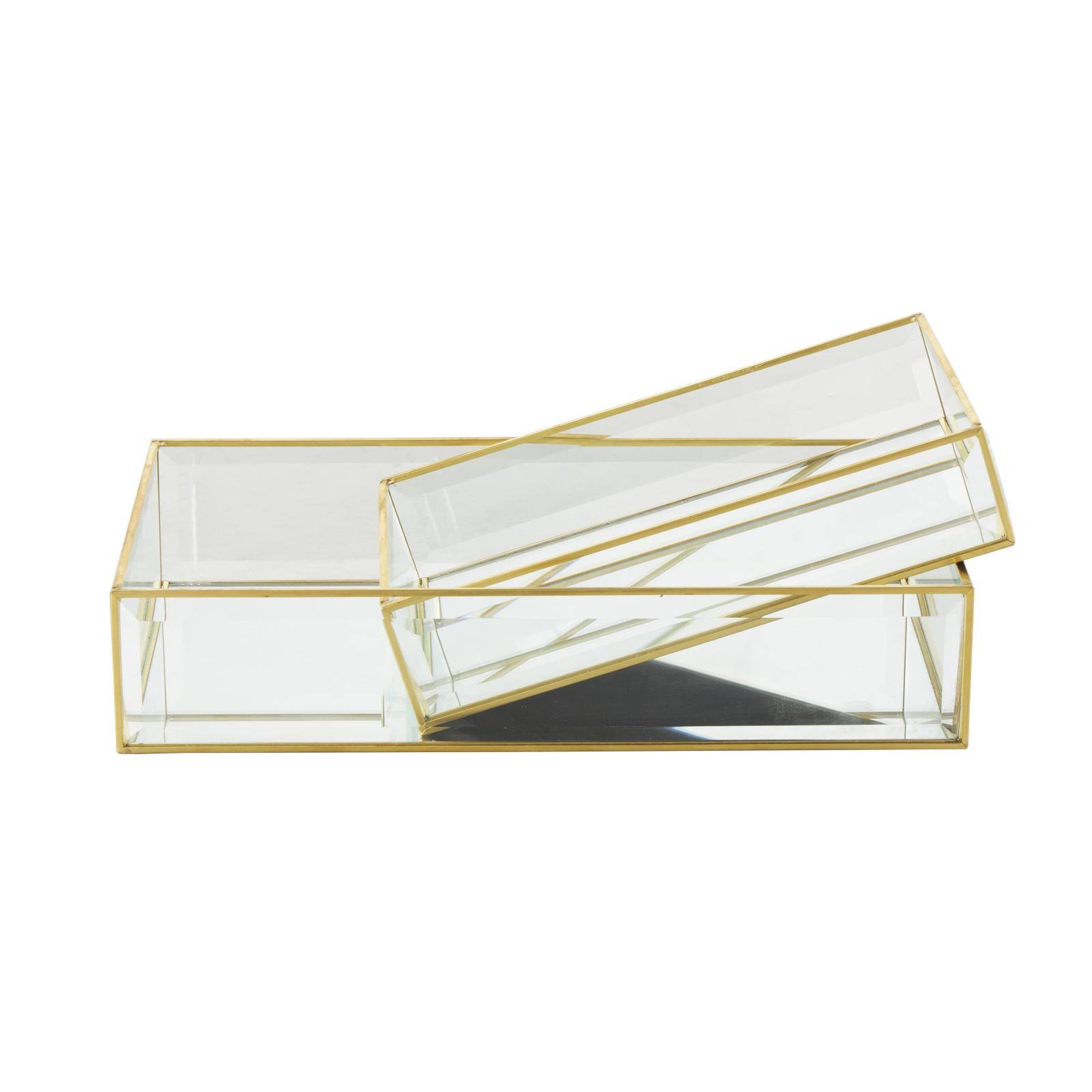 Clear & Gold Beveled Glass & Metal Rectangle Jewelry Box Set