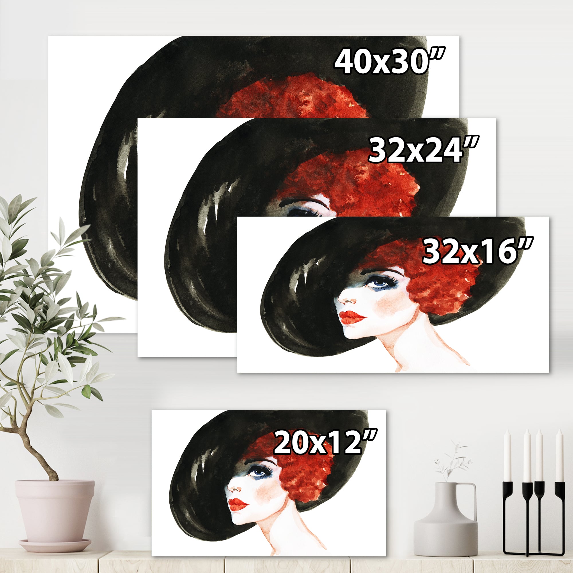 Designart - Red Head Lady In Hat Portrait of Woman - Modern Canvas Wall Art Print