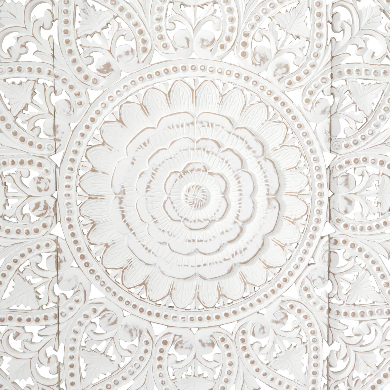 White Wood Handmade Intricately Carved Floral Wall Decor with Mandala Design Set of 3 22", 48"