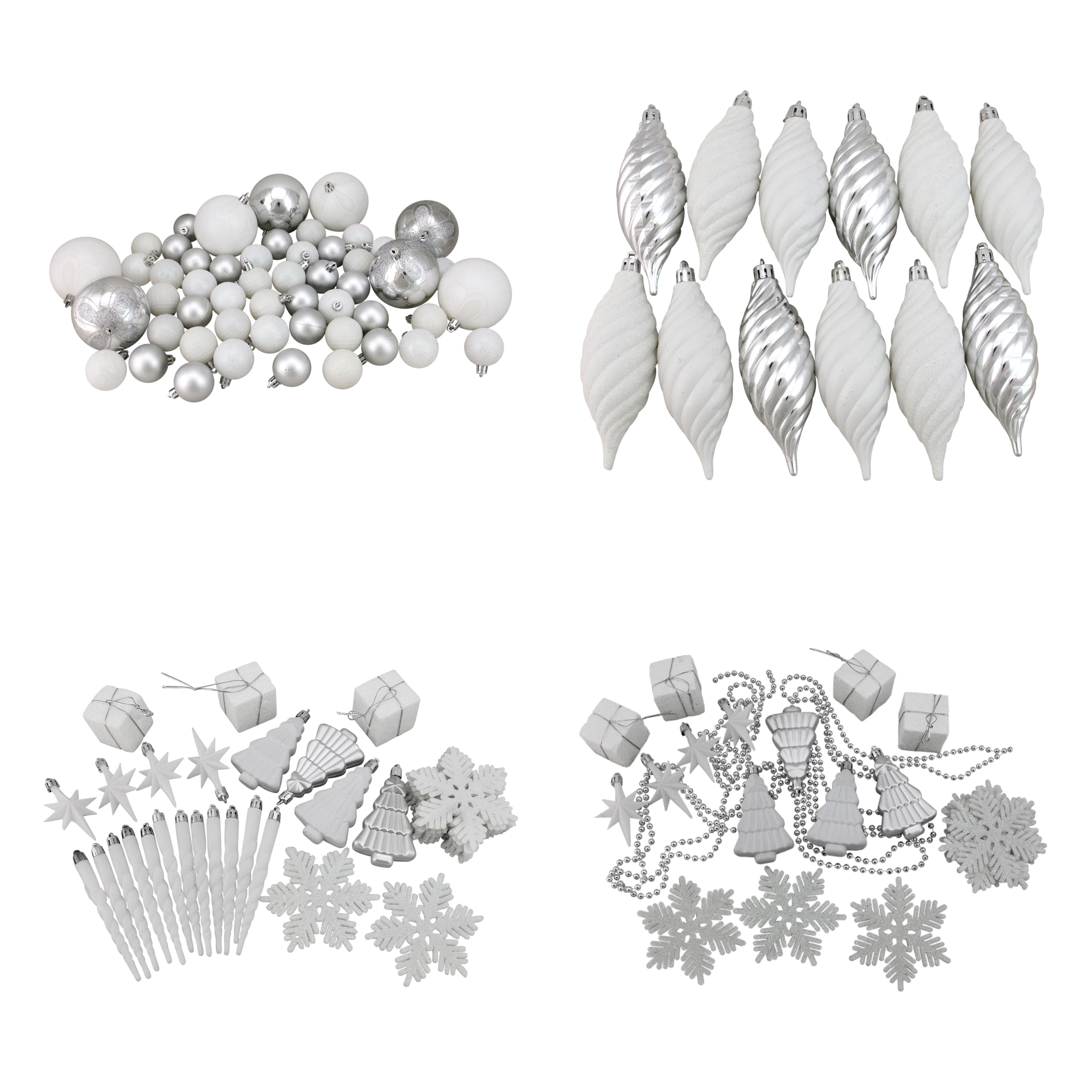 125ct. Winter White & Silver Shatterproof 4-Finish Christmas Ornaments