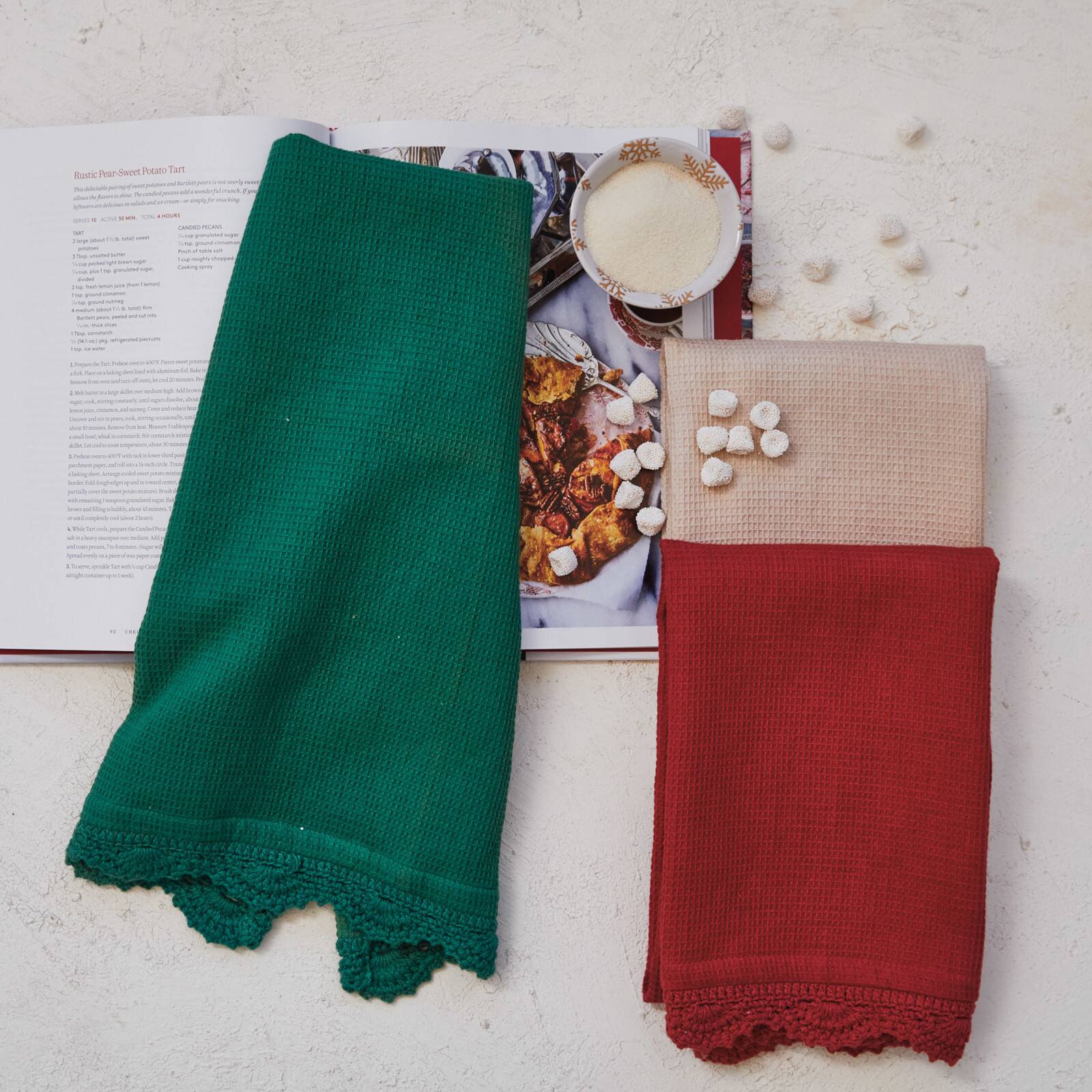 Hello Honey® 28" Hand-Woven Cotton Waffle Tea Towel with Crocheted Trim Set