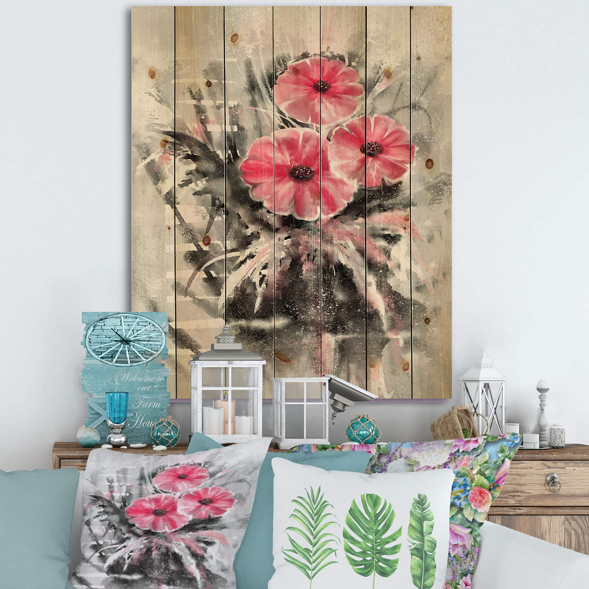 Designart - Abstract Red Flowers On Gray