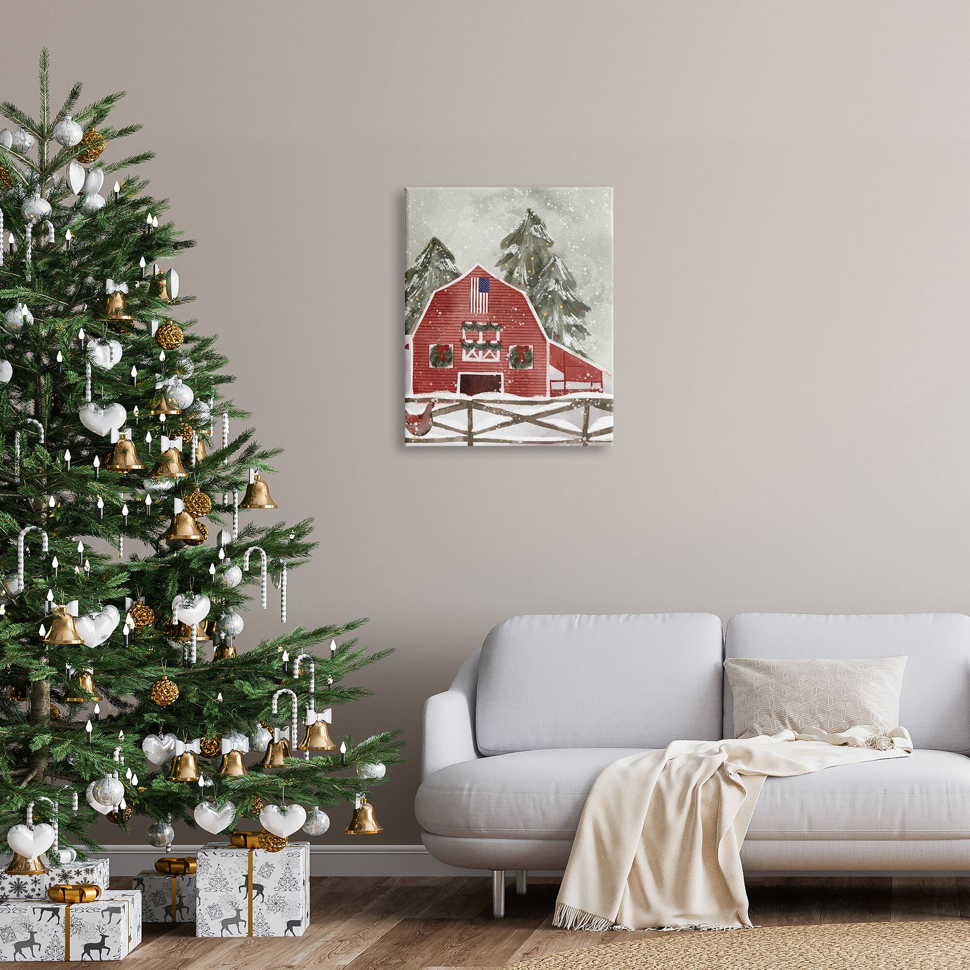 Stupell Industries Americana Barn Holiday Snow Scene Canvas Wall Art