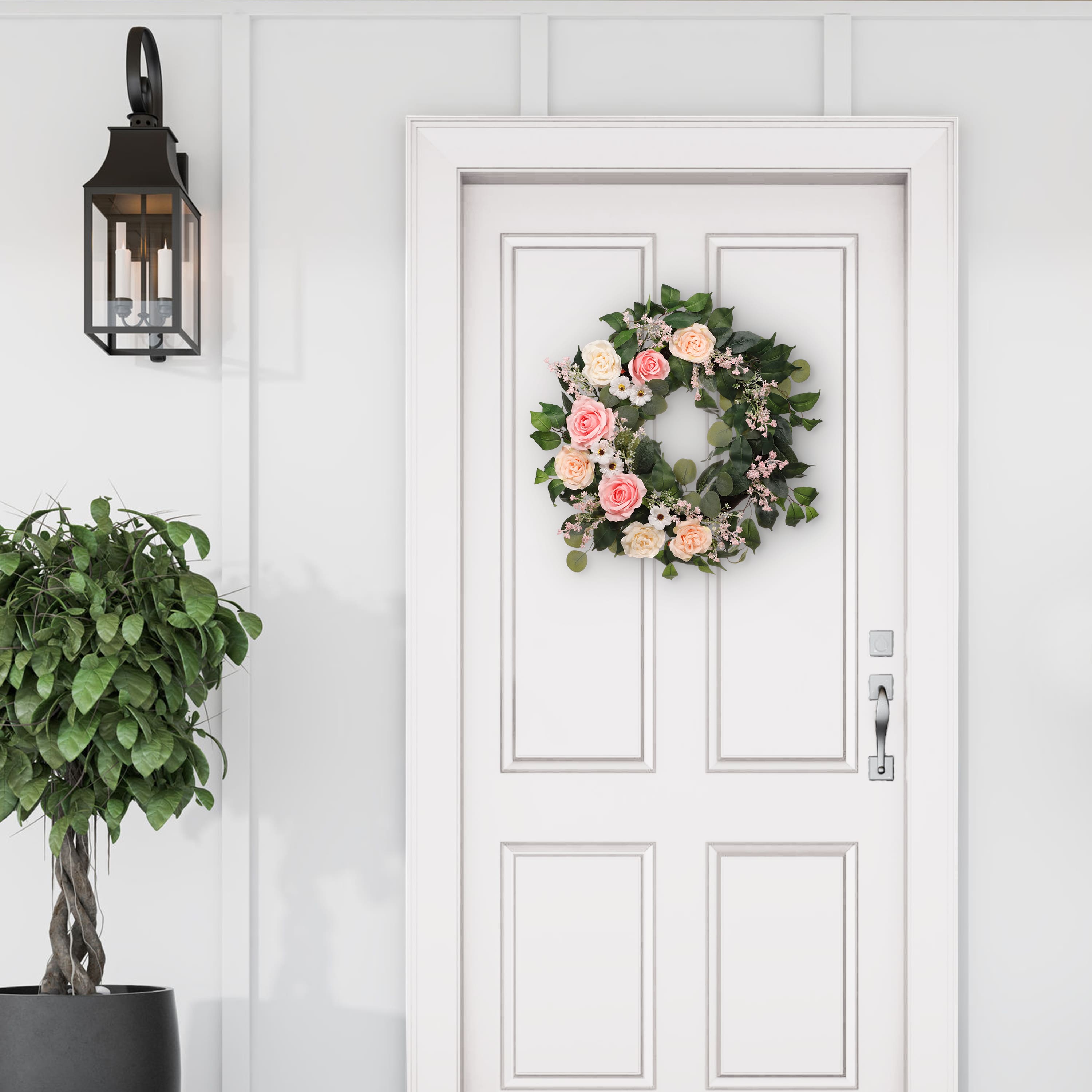 24" Pink Spring Camellia, Baby's Breath & Rose Wreath
