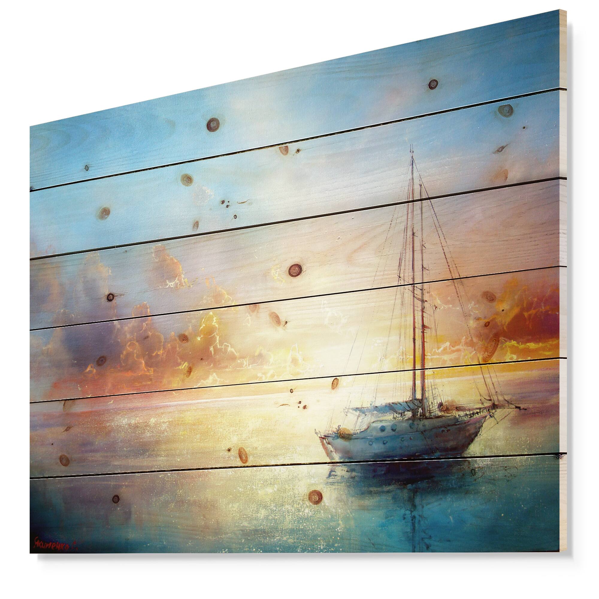 Designart - Seascape Pier - Seascape Print on Natural Pine Wood