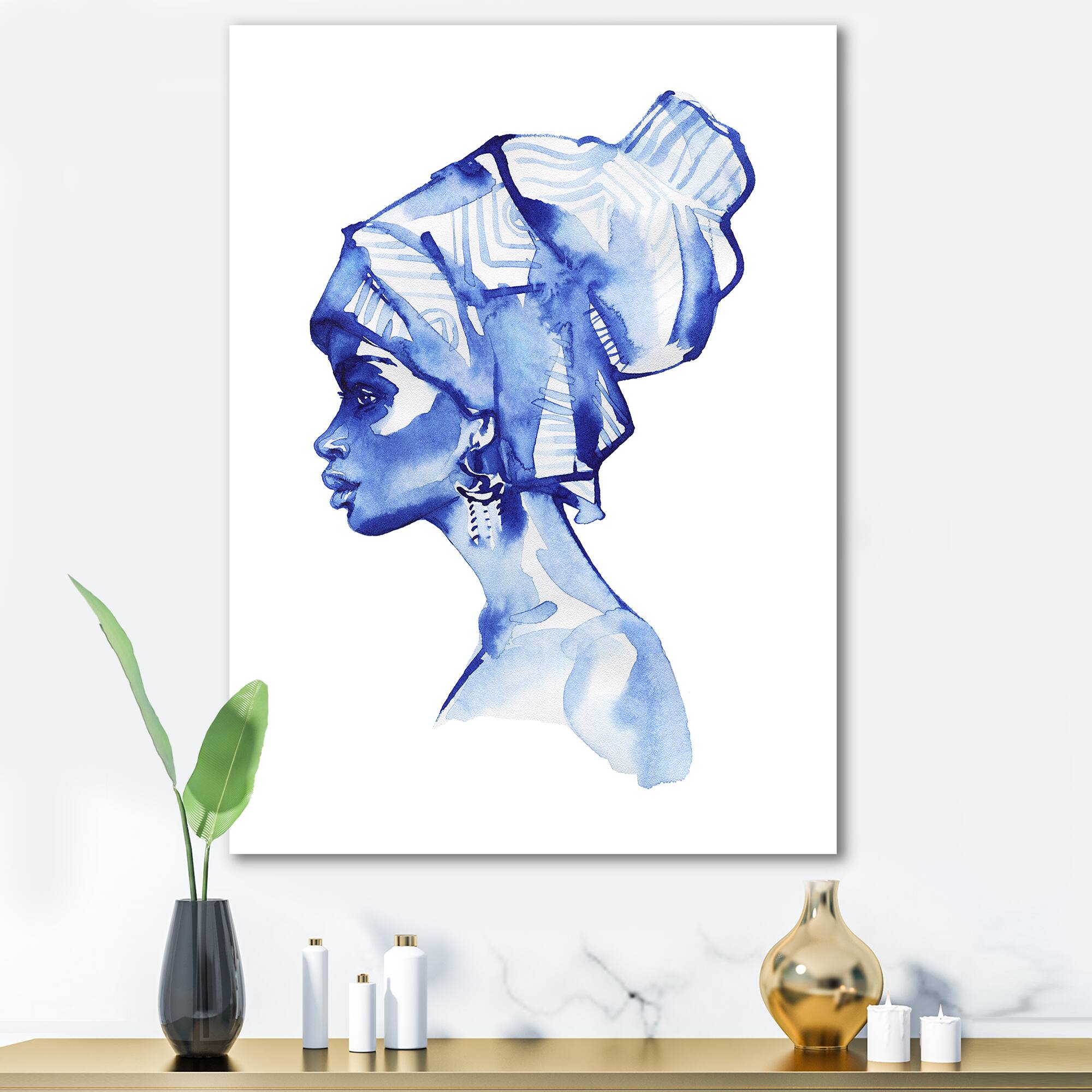 Designart - Blue Fashion Portrait of African American Woman - Modern Canvas Wall Art Print