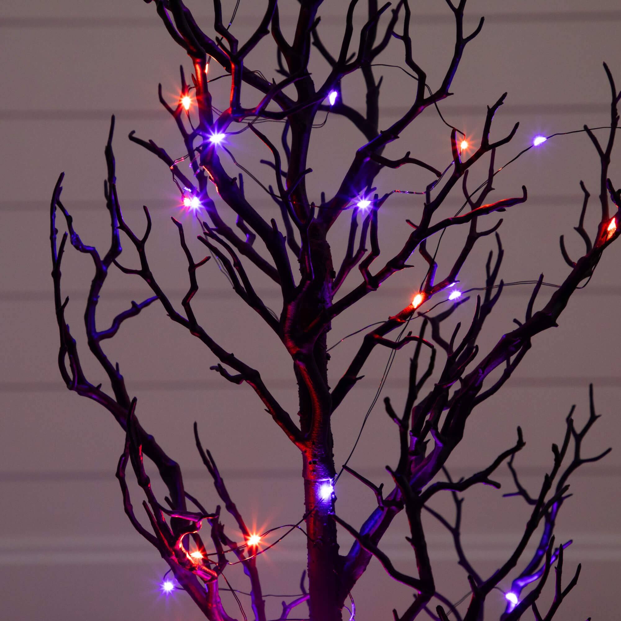 3ft. Pre-Lit Artificial Halloween Black Spooky Twig Tree with 100 Orange & Purple Copper Wire String LED Lights