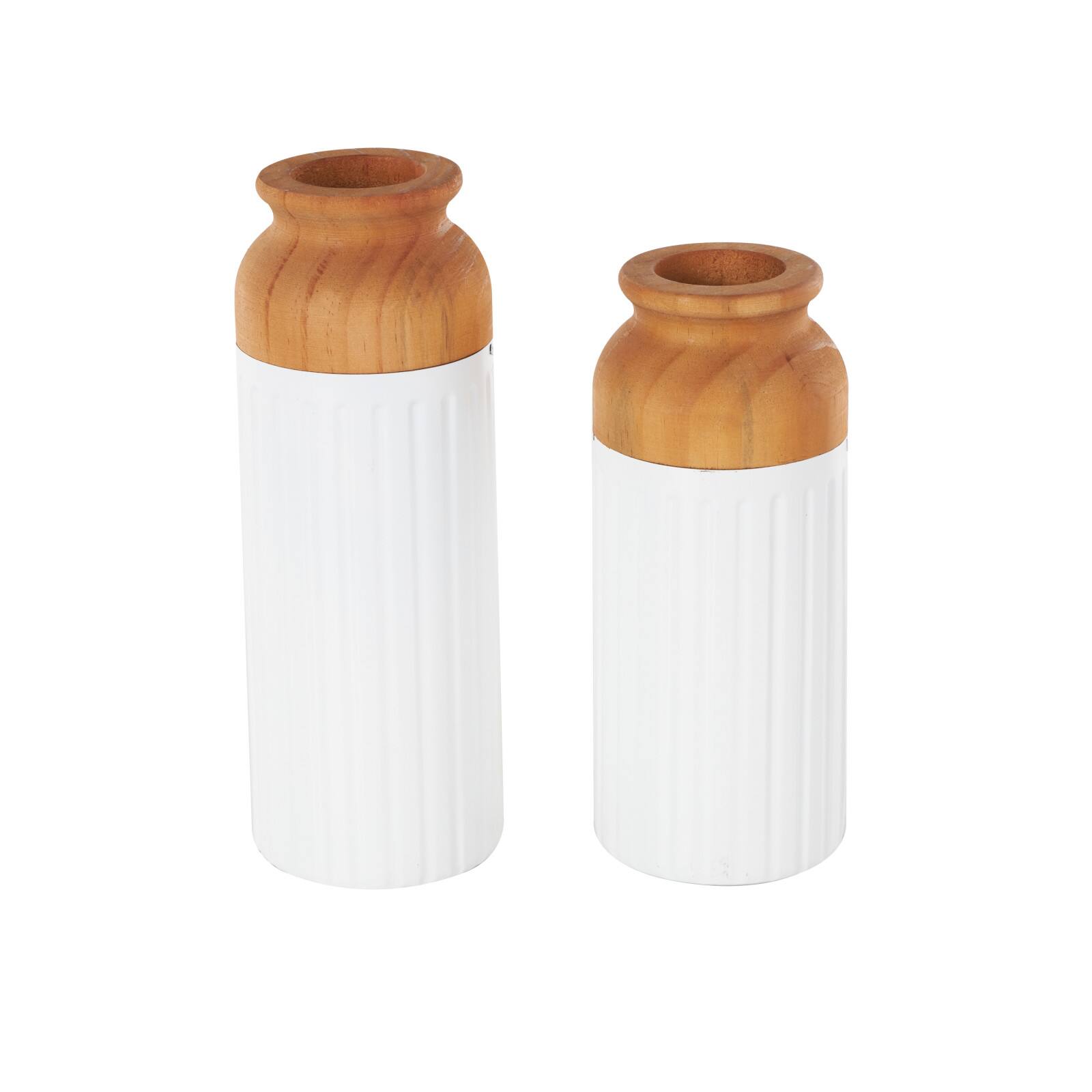 White & Brown Grooved Texture Metal & Wood Vase Set