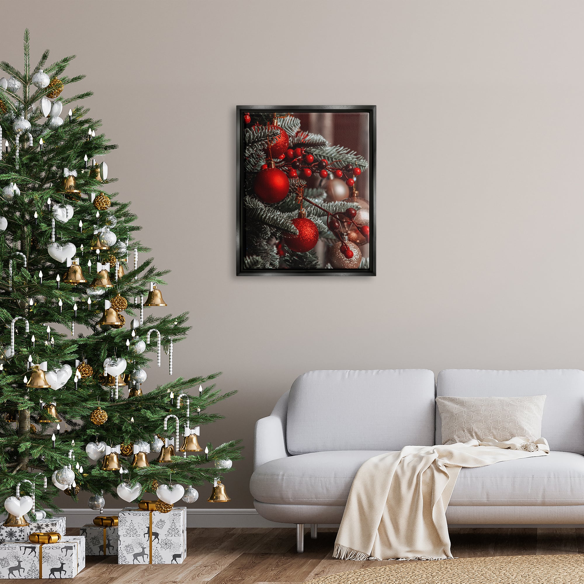 Stupell Industries Hanging Red Ornaments Christmas Tree Framed Floater Canvas Wall Art