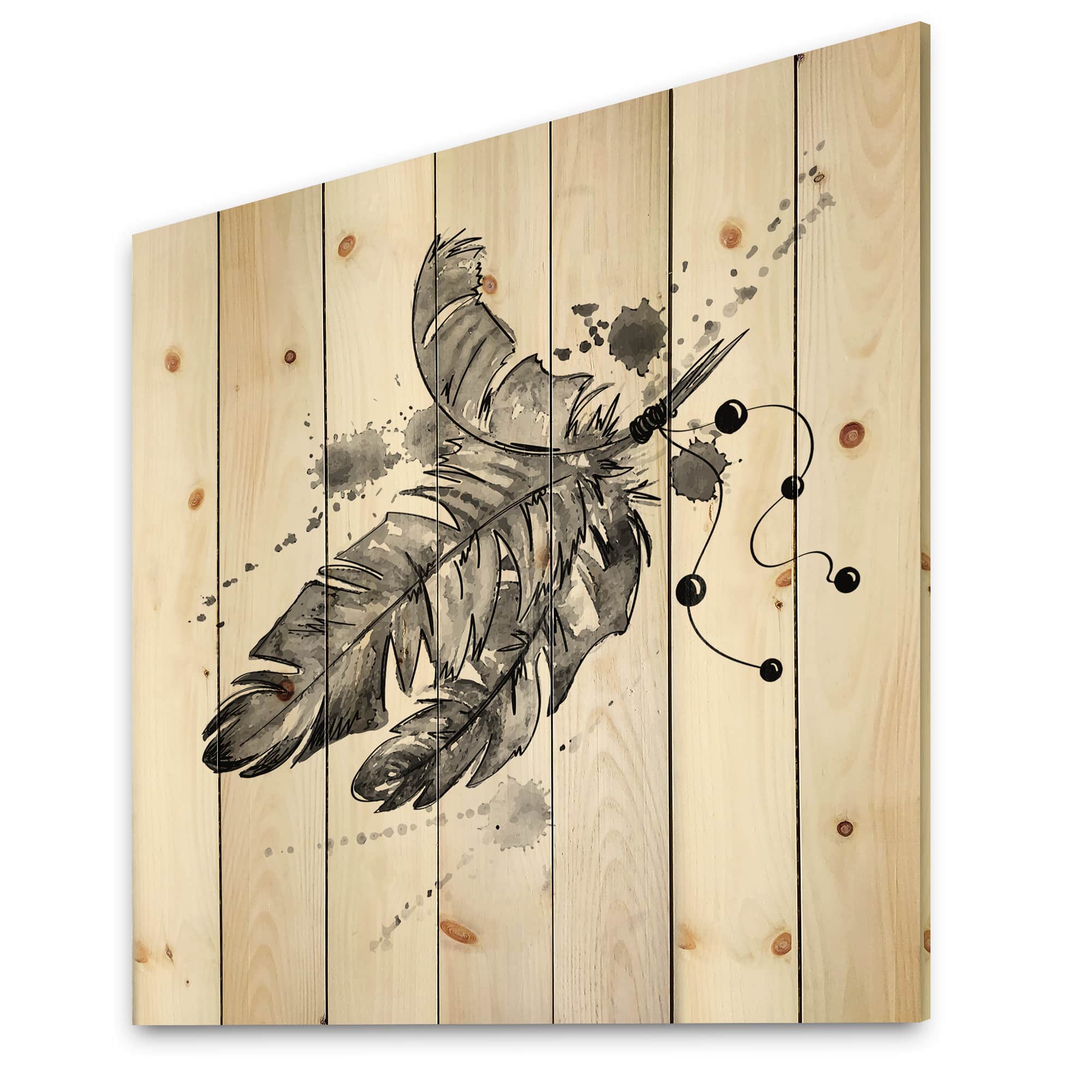 Designart - Black Bird Feathers Impression - Traditional Print on Natural Pine Wood