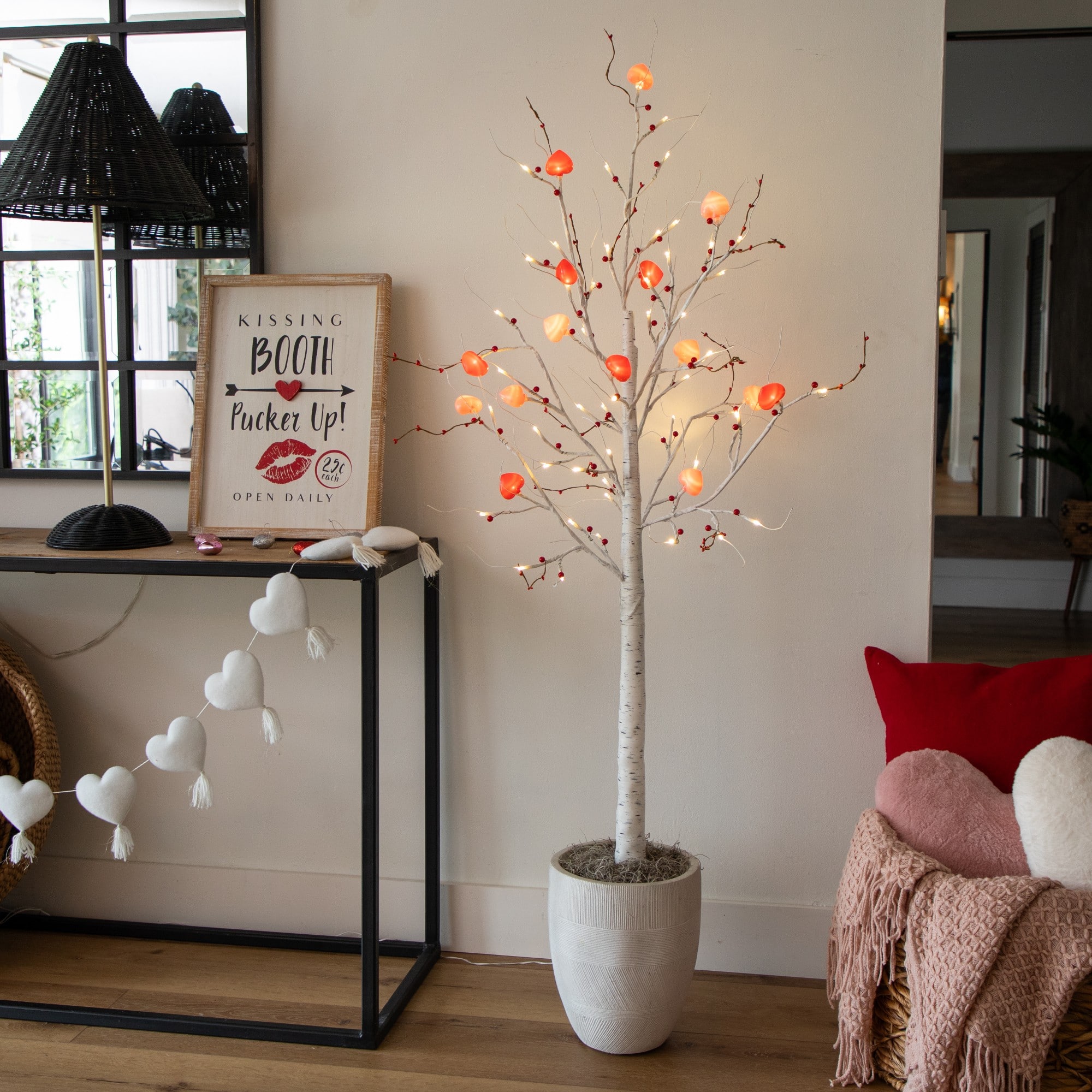 5ft. Pre-Lit Artificial Valentine's Day Twig Tree with 72 Heart Shaped LED Lights and Red Berries