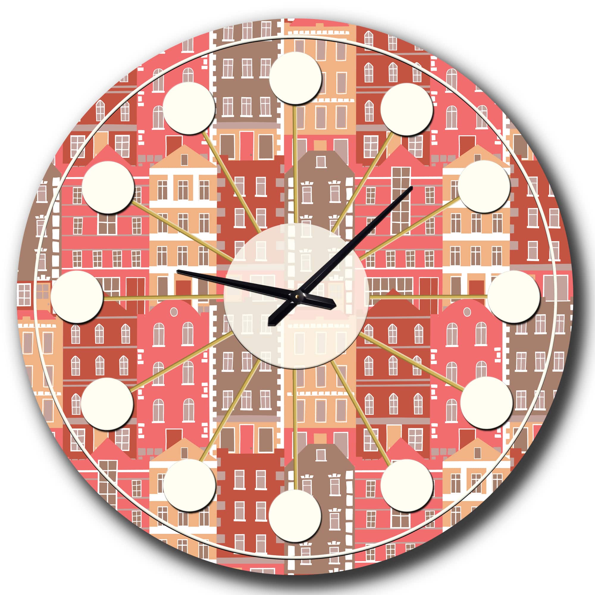Designart 'Handdrawn Colorful Houses Mid-Century Modern Wall Clock
