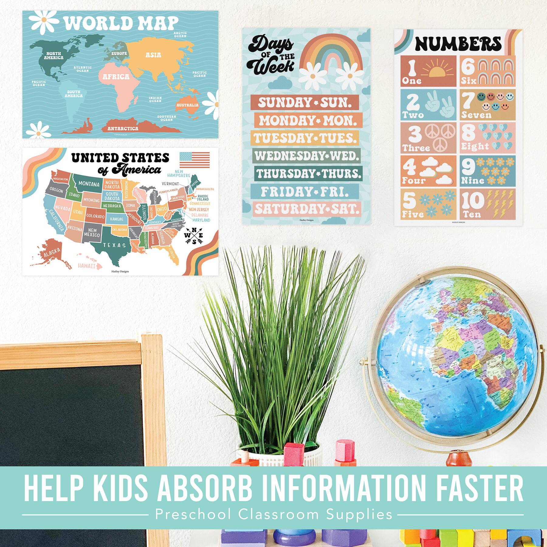 Hadley Designs 11" x 17" Designs Retro Boho Preschool Educational Laminated Posters Set