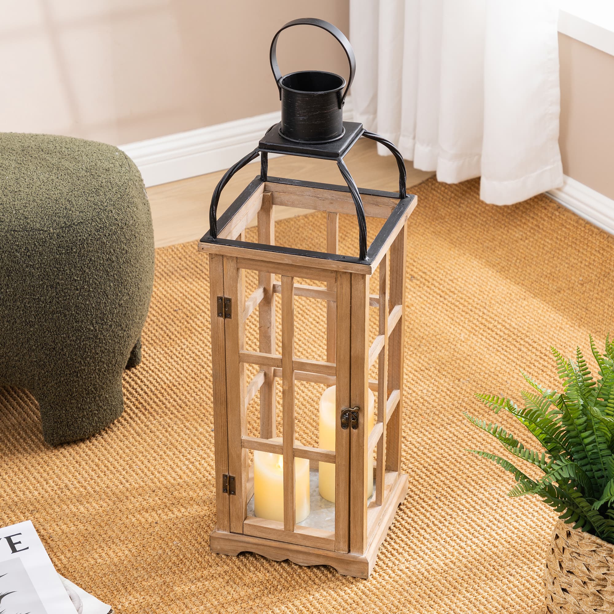 Glitzhome® Farmhouse Natural Wood & Black Metal Lantern Set