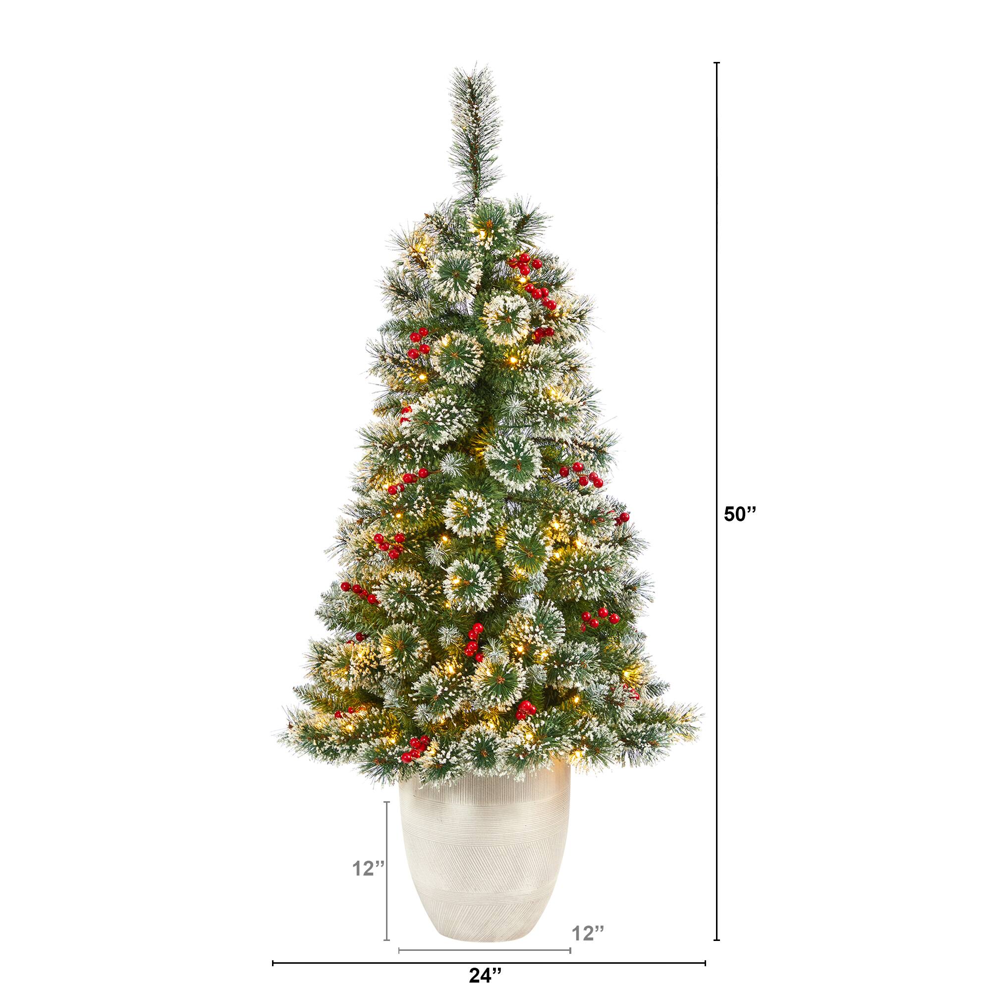 4ft. Pre-Lit Potted Frosted Swiss Pine with Berries Artificial Christmas Tree, Clear LED Lights