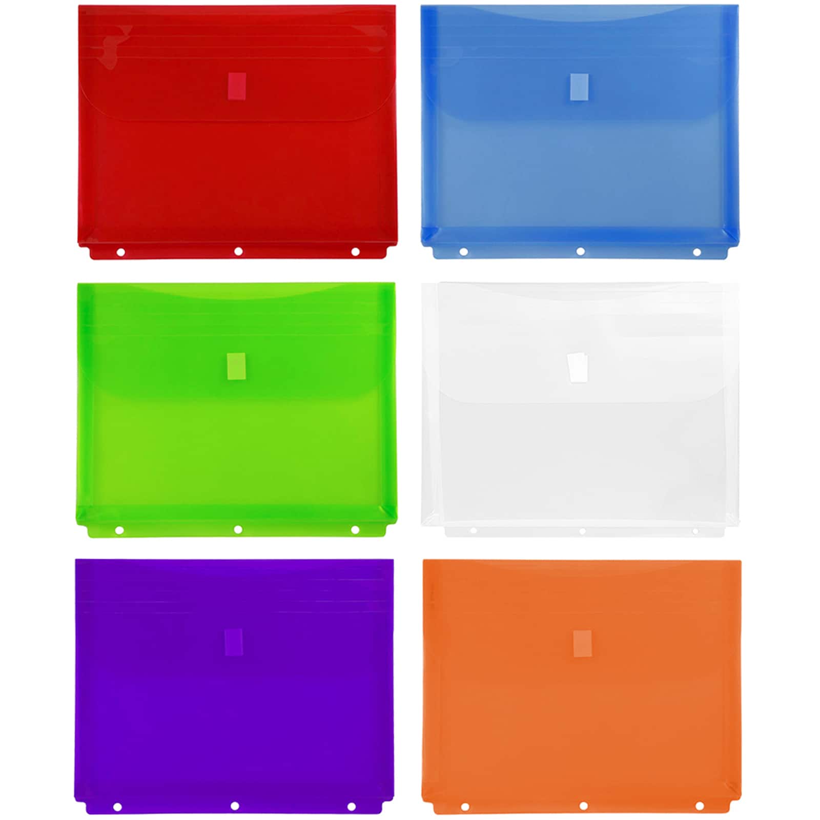 JAM Paper 9.75" x 11.5" Assorted Plastic Hook & Loop 3 Hole Punch Binder Envelopes with Expansion, 12ct.