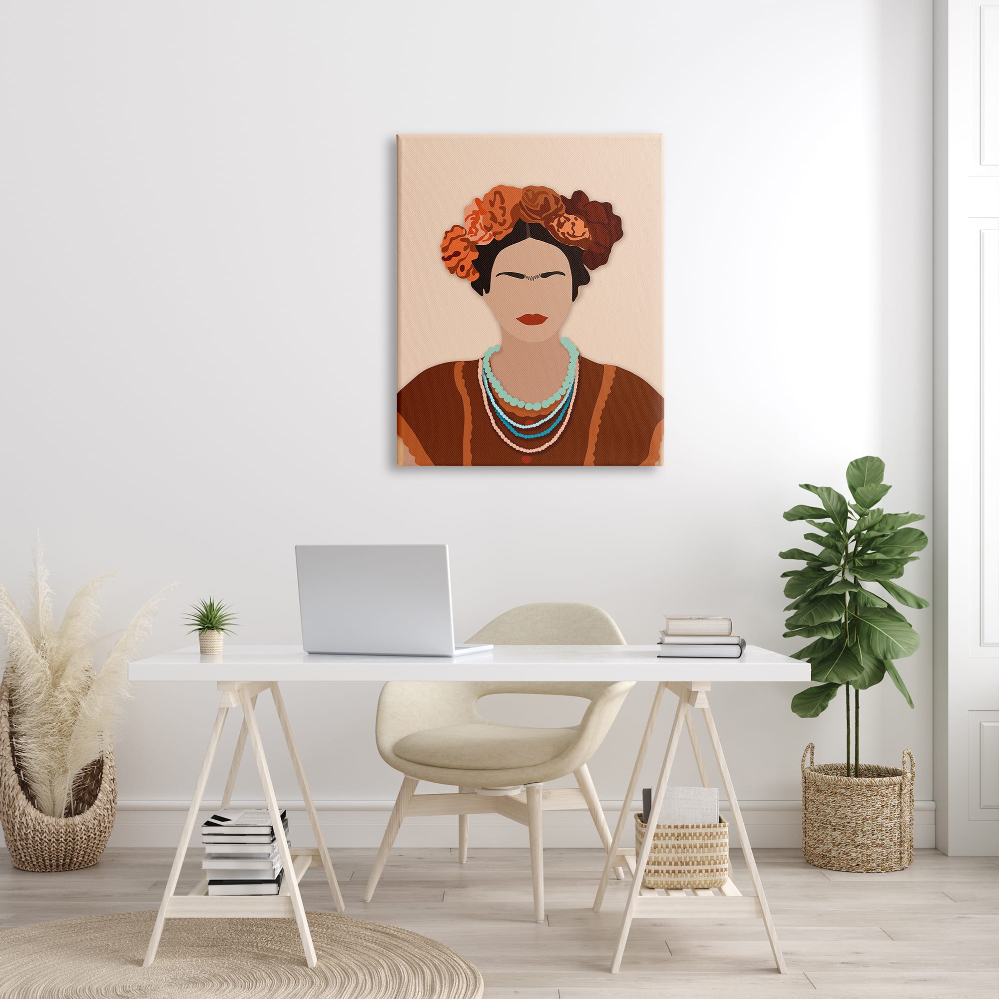 Stupell Industries Frida Artist Portrait Orange Floral Blue Bead Necklace Canvas Wall Art