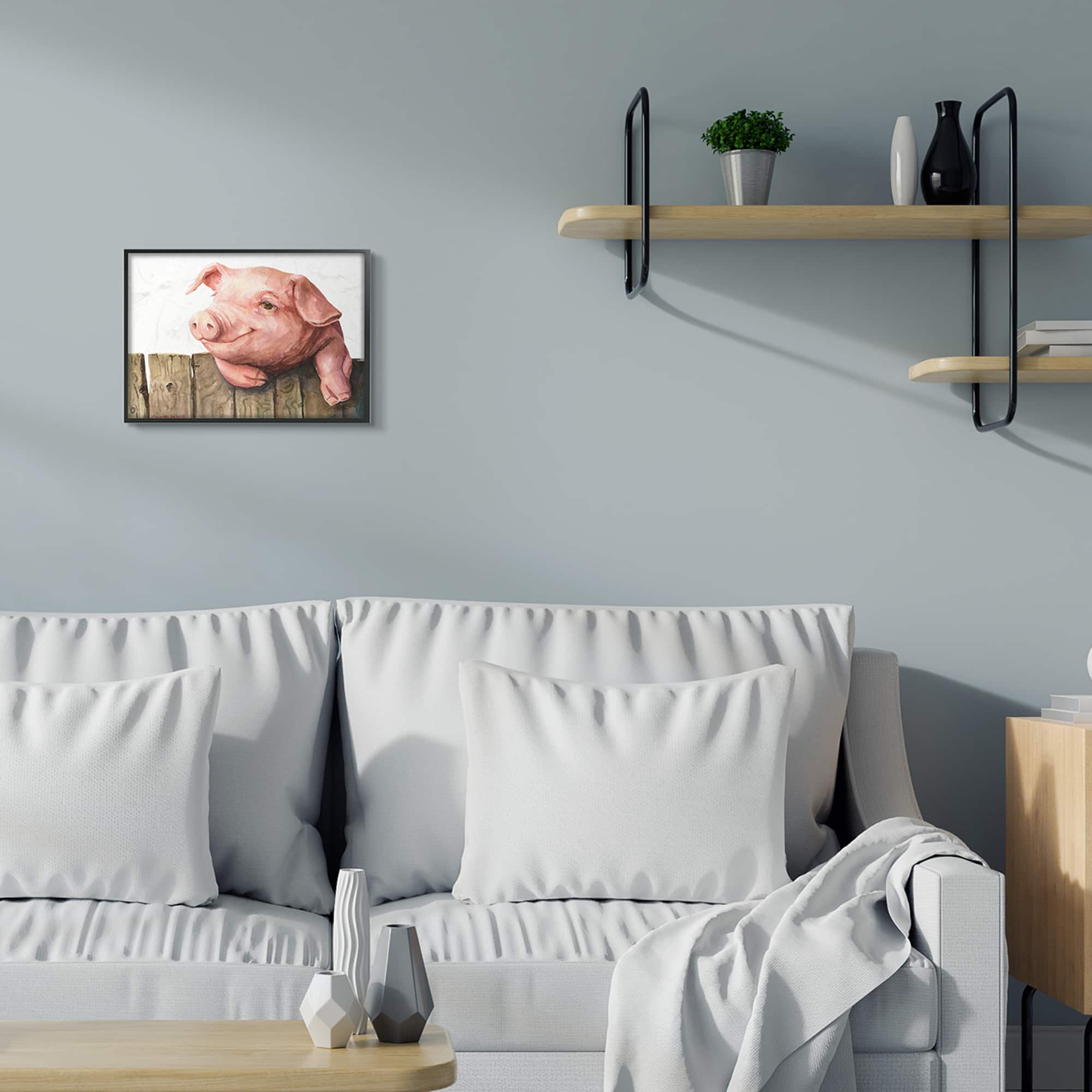 Stupell Industries Piglet on Wooden Fence Pink Farm Animal in Frame Wall Art