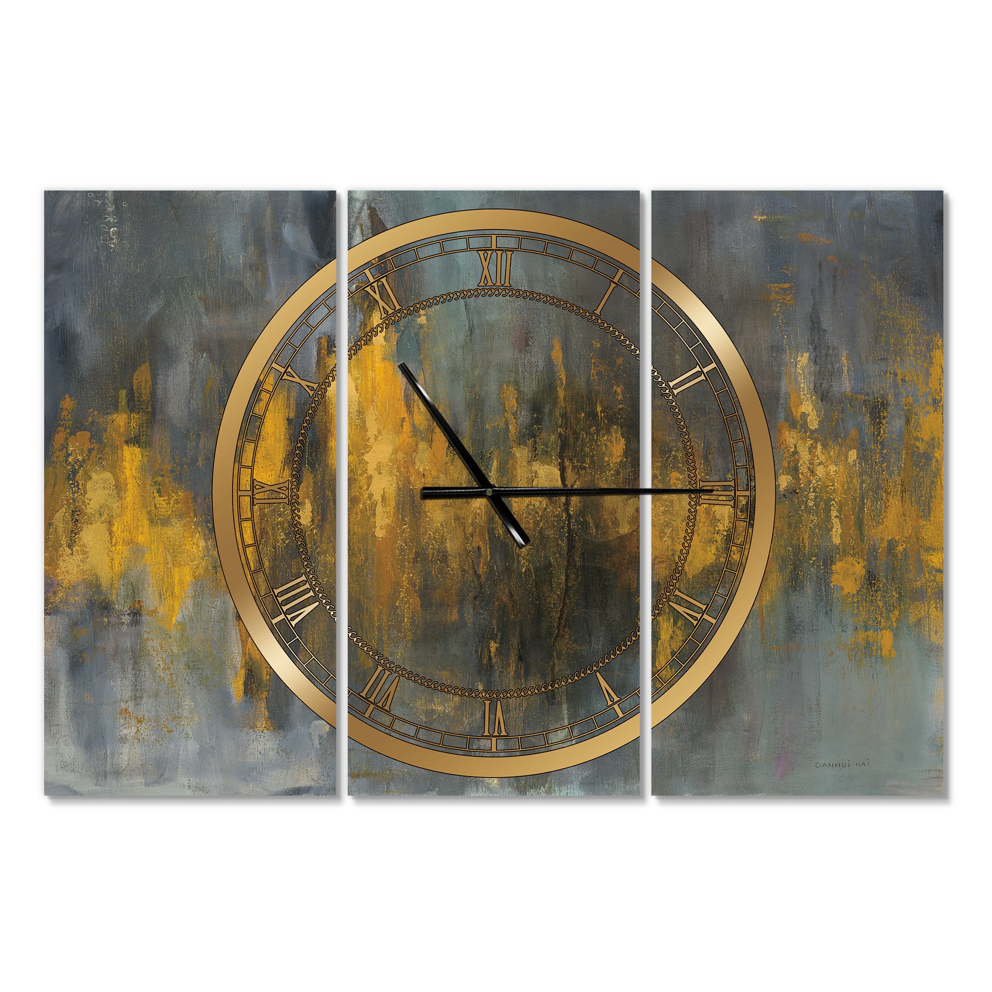 Designart Black & Gold Glam Abstract 3 Panel Modern Wall Clock