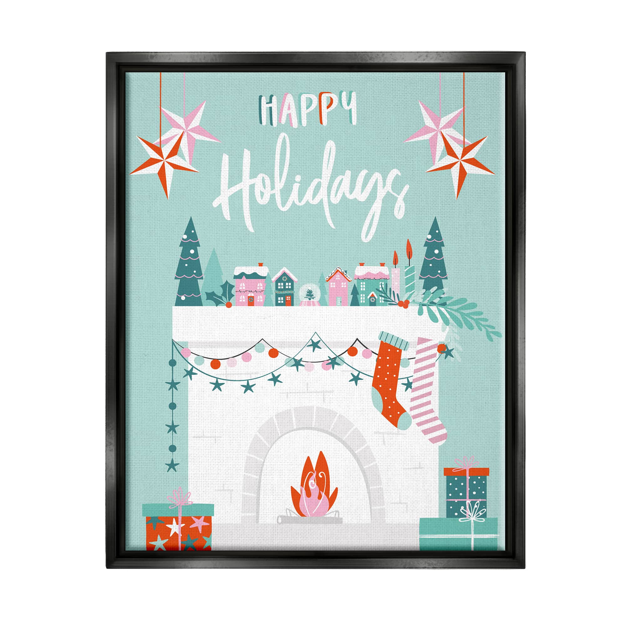 Stupell Industries Happy Holidays Festive Mantel Stockings Framed Floater Canvas Wall Art