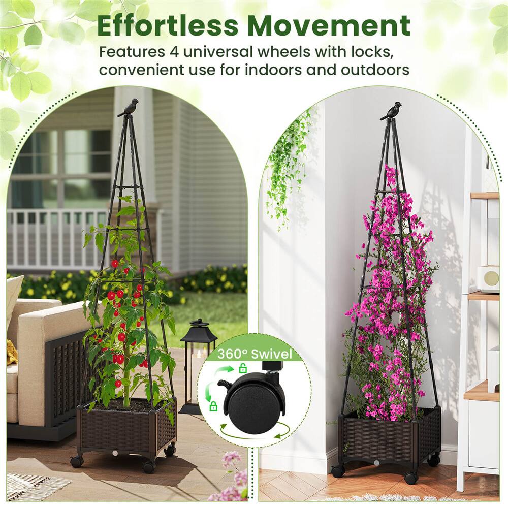 Costway Raised Garden Bed with Plant Box & Obelisk Trellis Lockable Wheels Cage Planter Set
