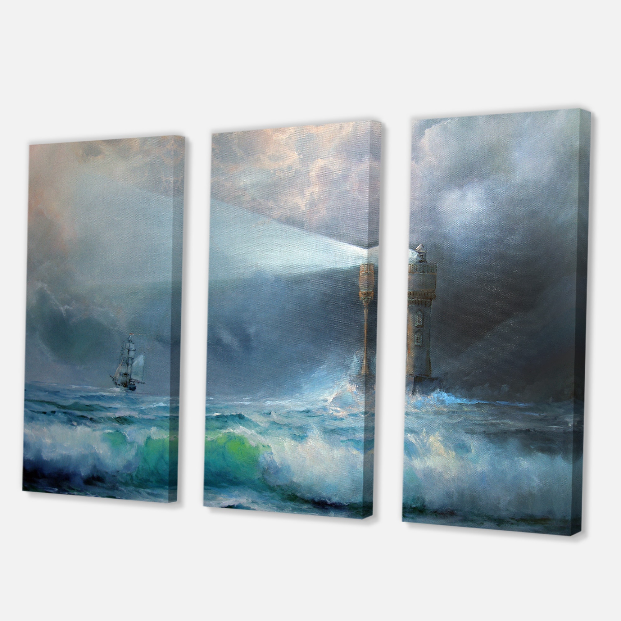 Designart - Lighthouse Shining Light During Stormy Night II - Nautical & Coastal Canvas Wall Art Print