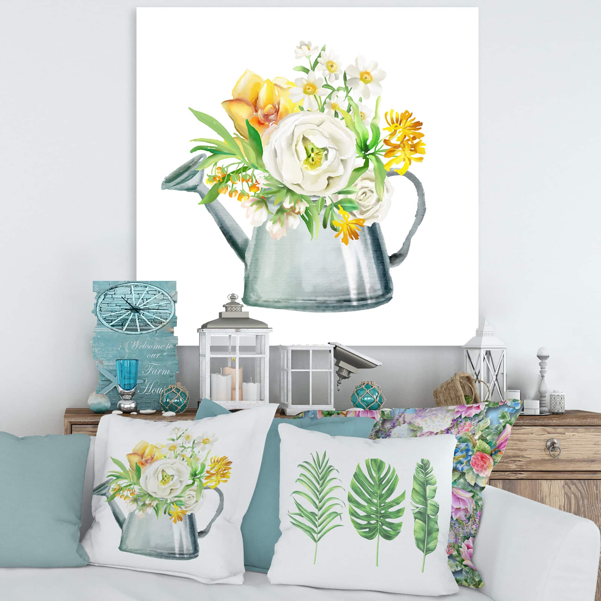 Designart - Roses Peonies & Marigolds In Garden Watering Can - Farmhouse Canvas Wall Art Print