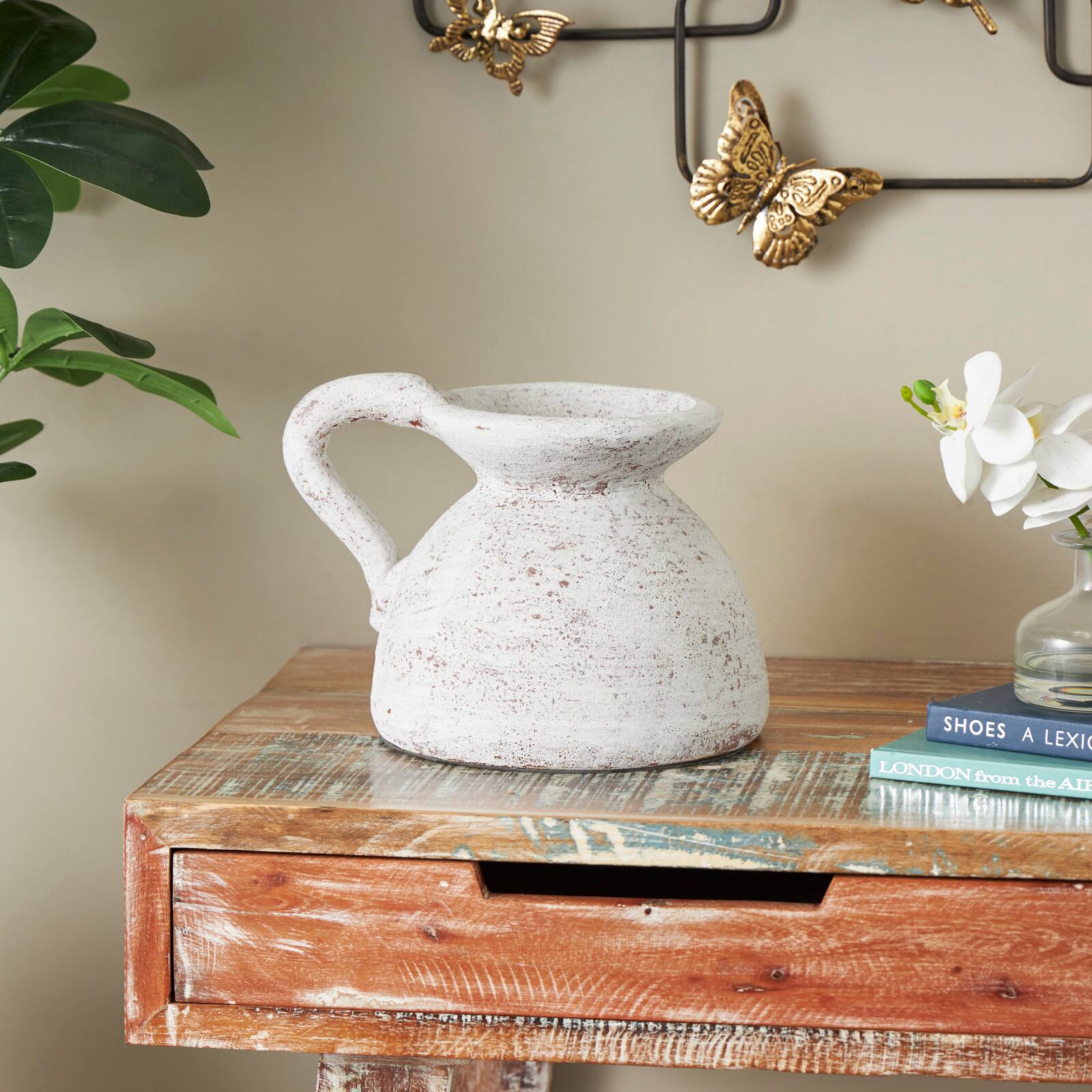 11" Cream Ceramic Textured Pot Vase with Handle