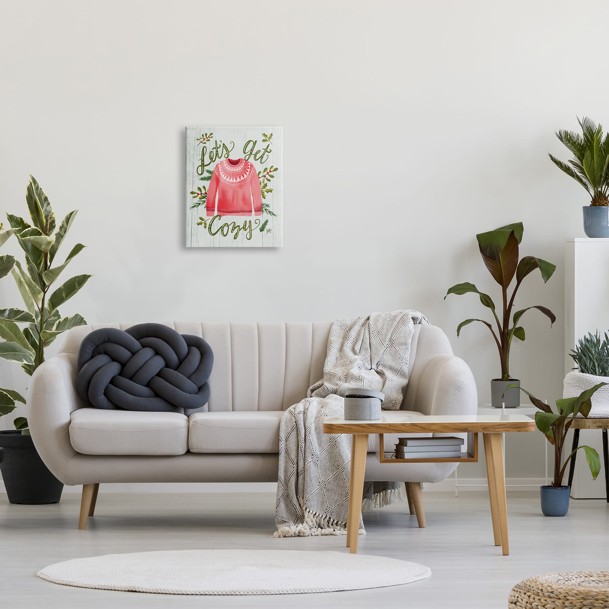 Stupell Industries Let's Get Cozy Holly Plants Pink Winter Sweater Canvas Wall Art