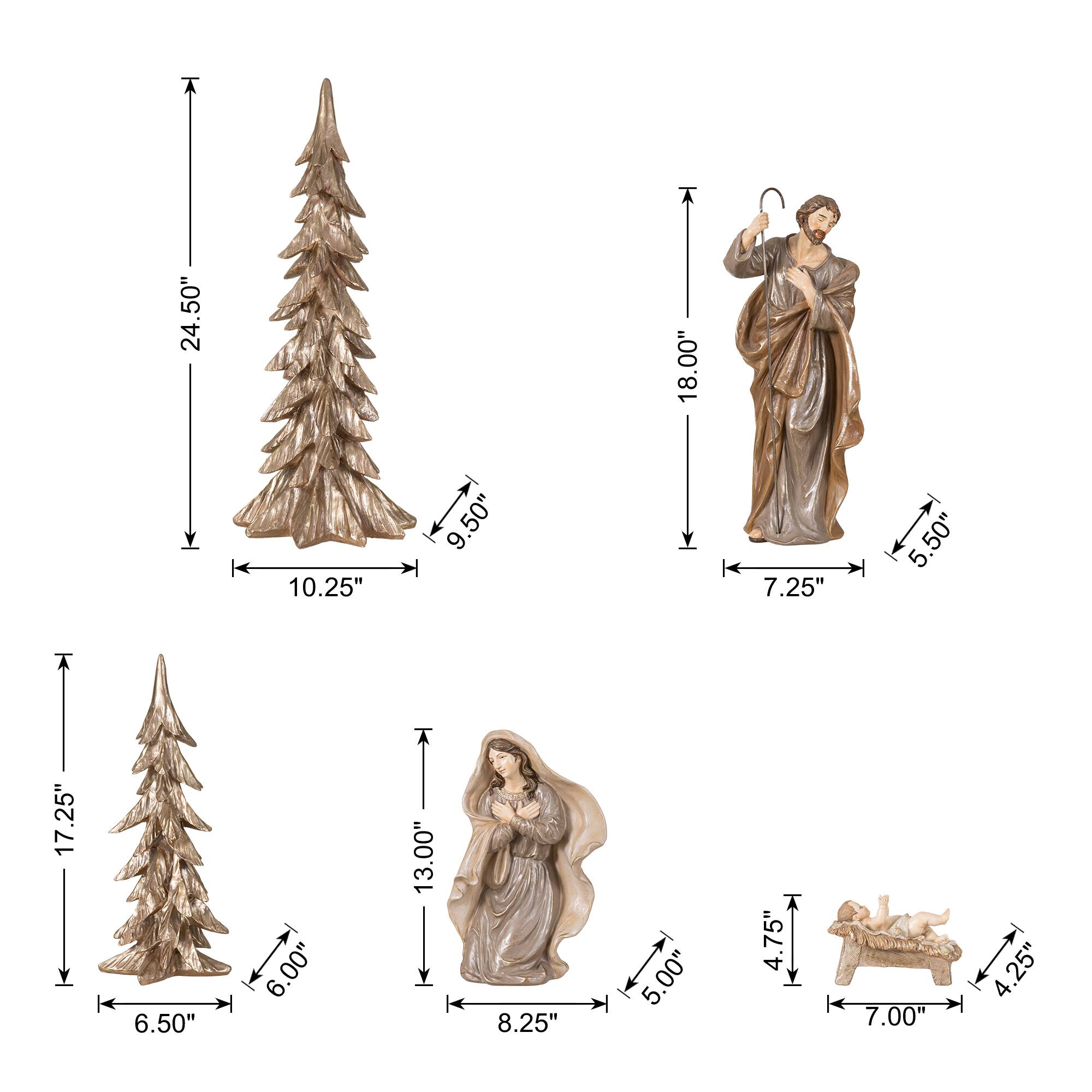 Glitzhome® 5-Piece Brown Resin Holy Family & Christmas Trees Figurine Set