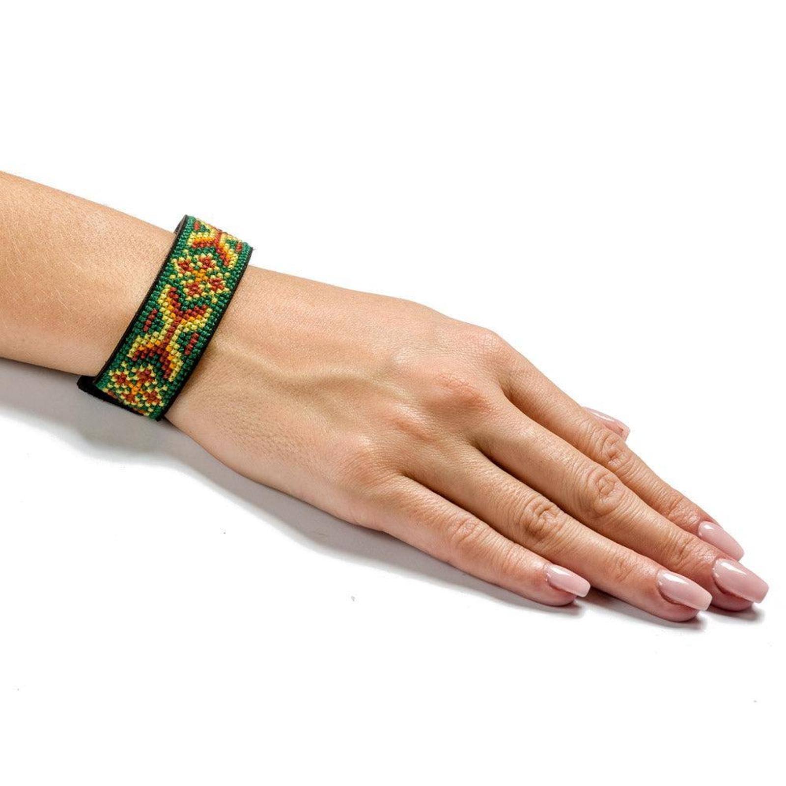 Wonderland Crafts Green & Yellow Artificial Leather Cross Stitch Bracelet Kit