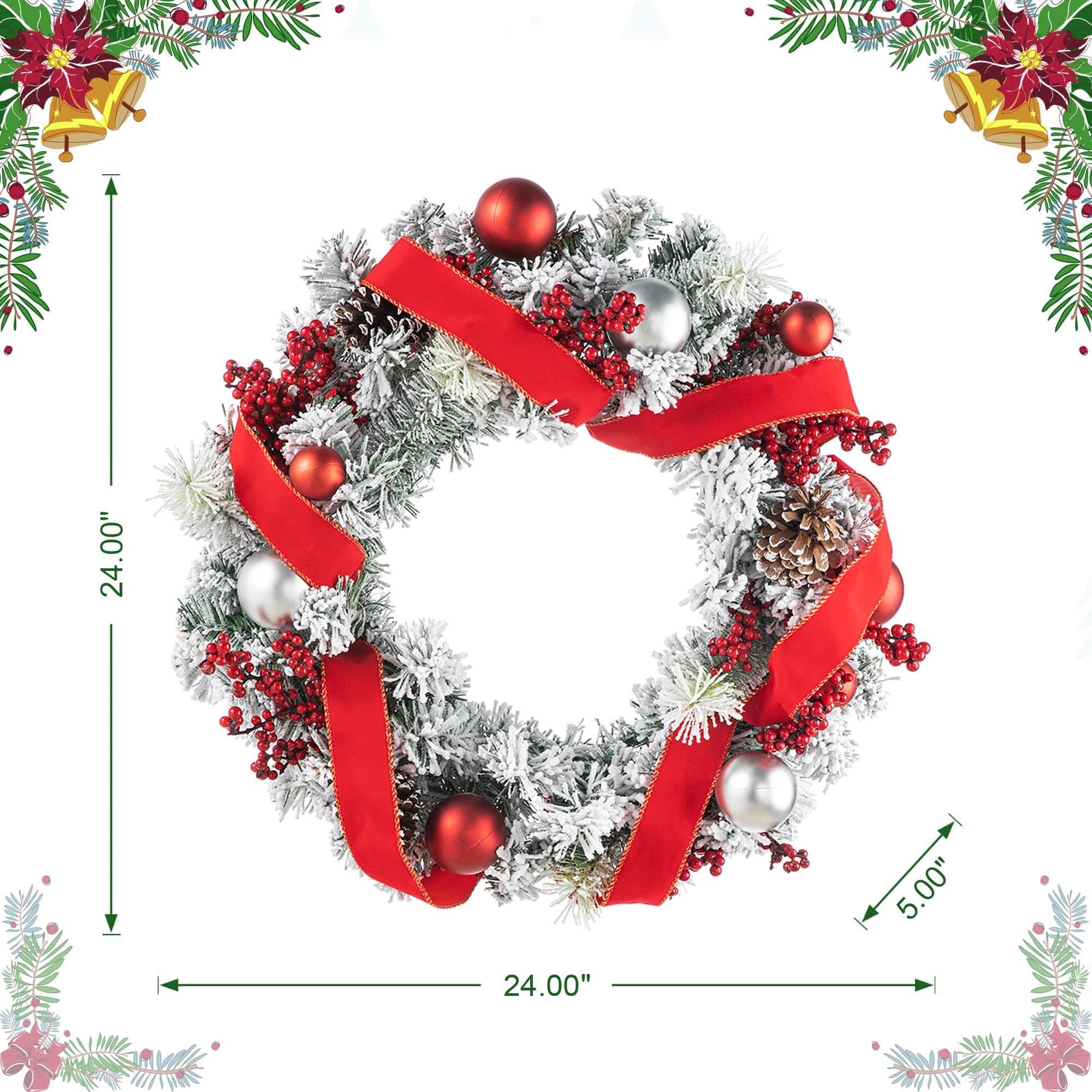 Glitzhome® 24" Flocked Berry, Pinecone & Ribbon Wreath