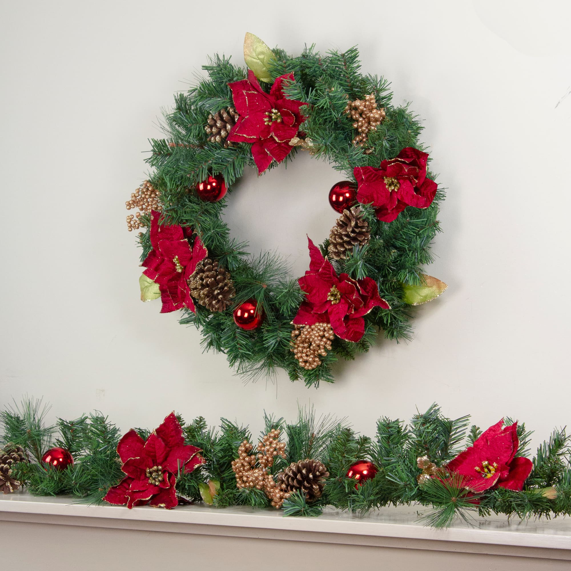 Red Balls & Poinsettias Gold Pine Cones with Berries Pine Garland, Unlit
