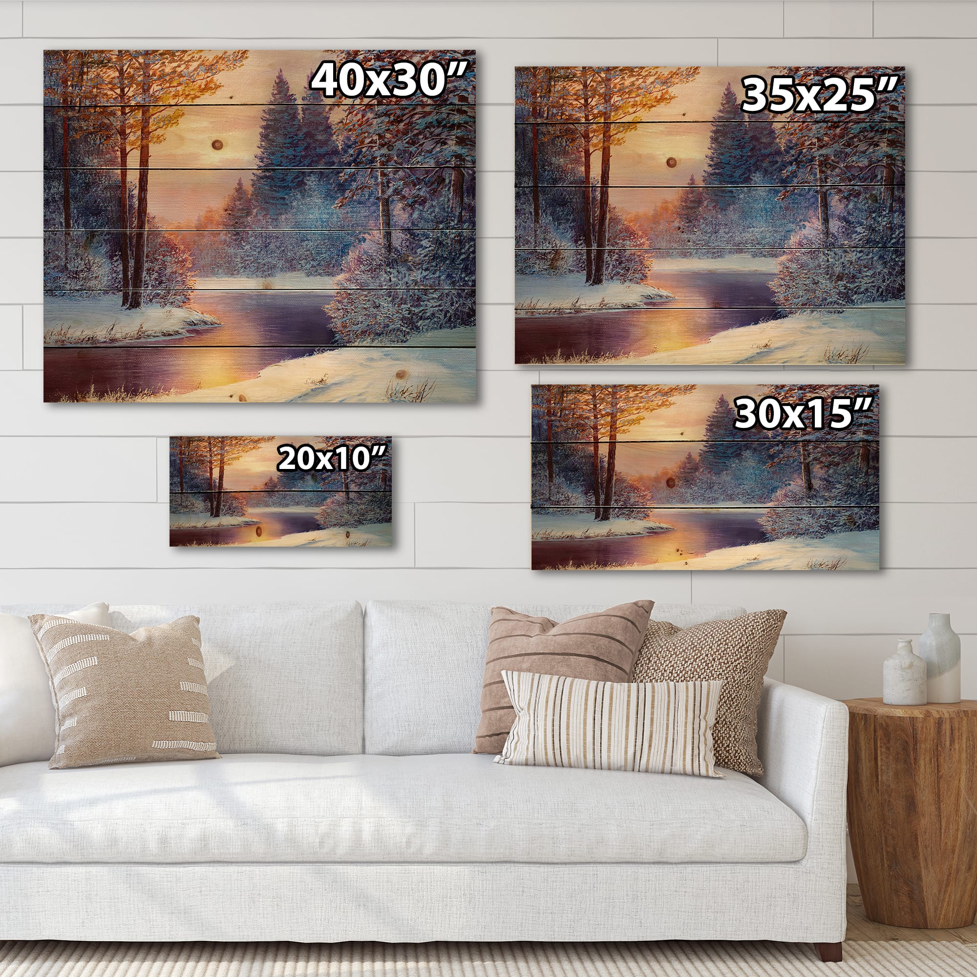 Designart - Winding River With Dark Blue Silhouettes of Trees - Lake House Print on Natural Pine Wood