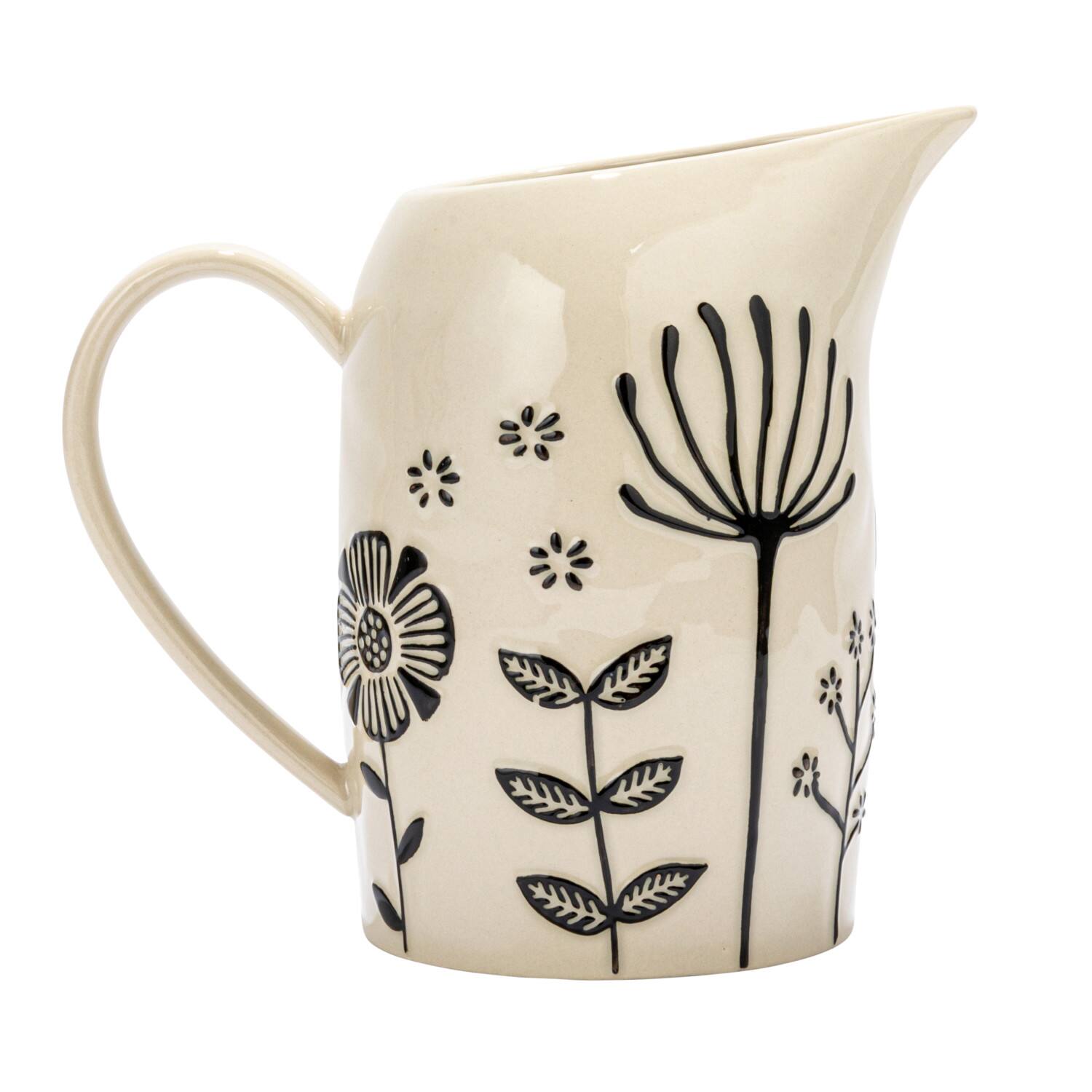 Hello Honey® 62oz. Cream & Black Hand-Painted Embossed Flowers Stoneware Pitcher